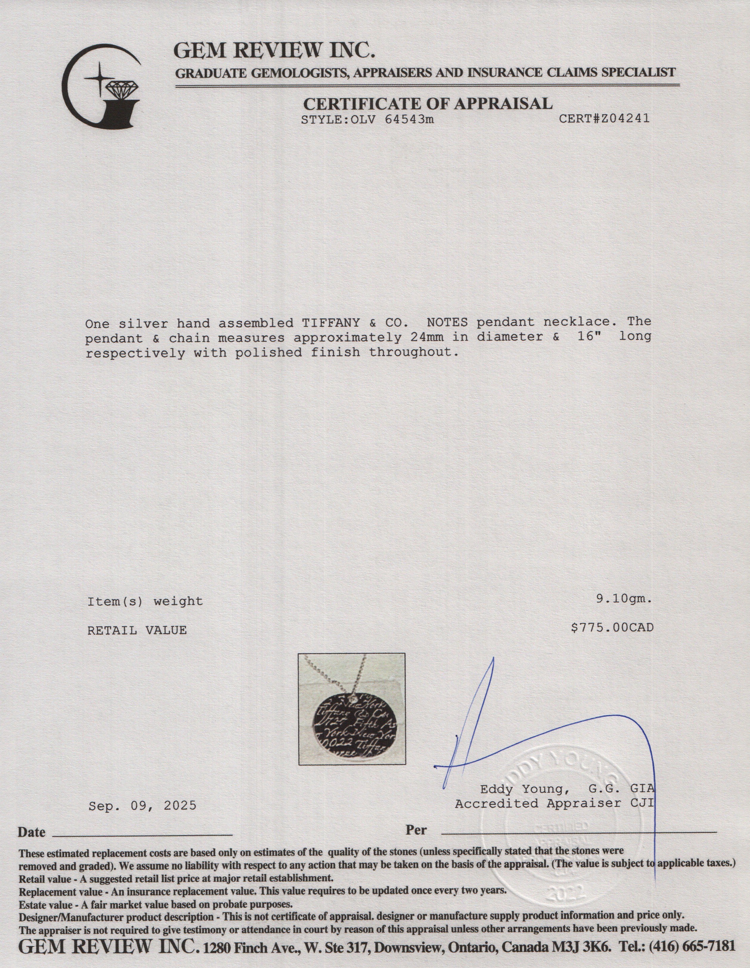 Tiffany & Co. Sterling Silver Small Notes Round Pendant Necklace