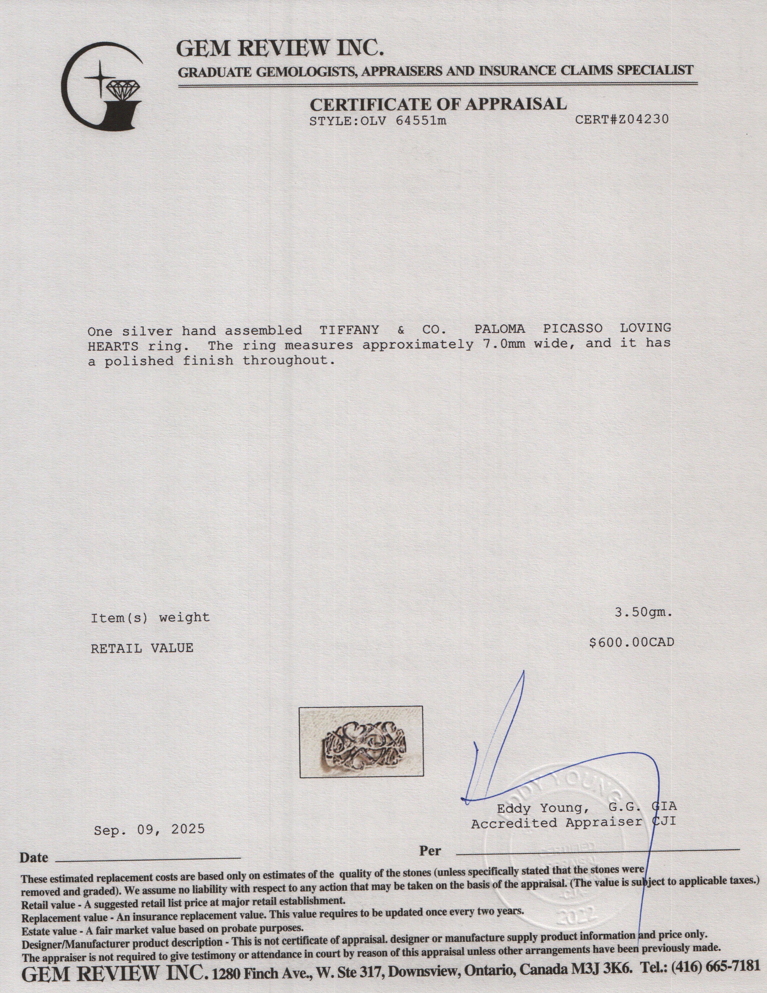 Tiffany & Co. Paloma Picasso Sterling Silver Loving Heart Band Ring, Size 8