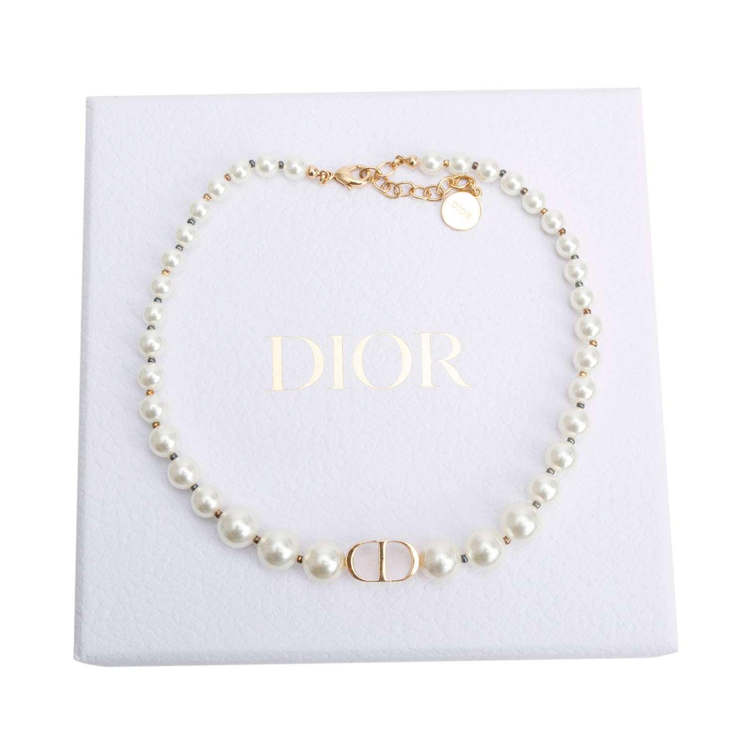 Christian Dior Gold Plated Faux Pearl 30 Montaigne Choker Necklace w/ Box