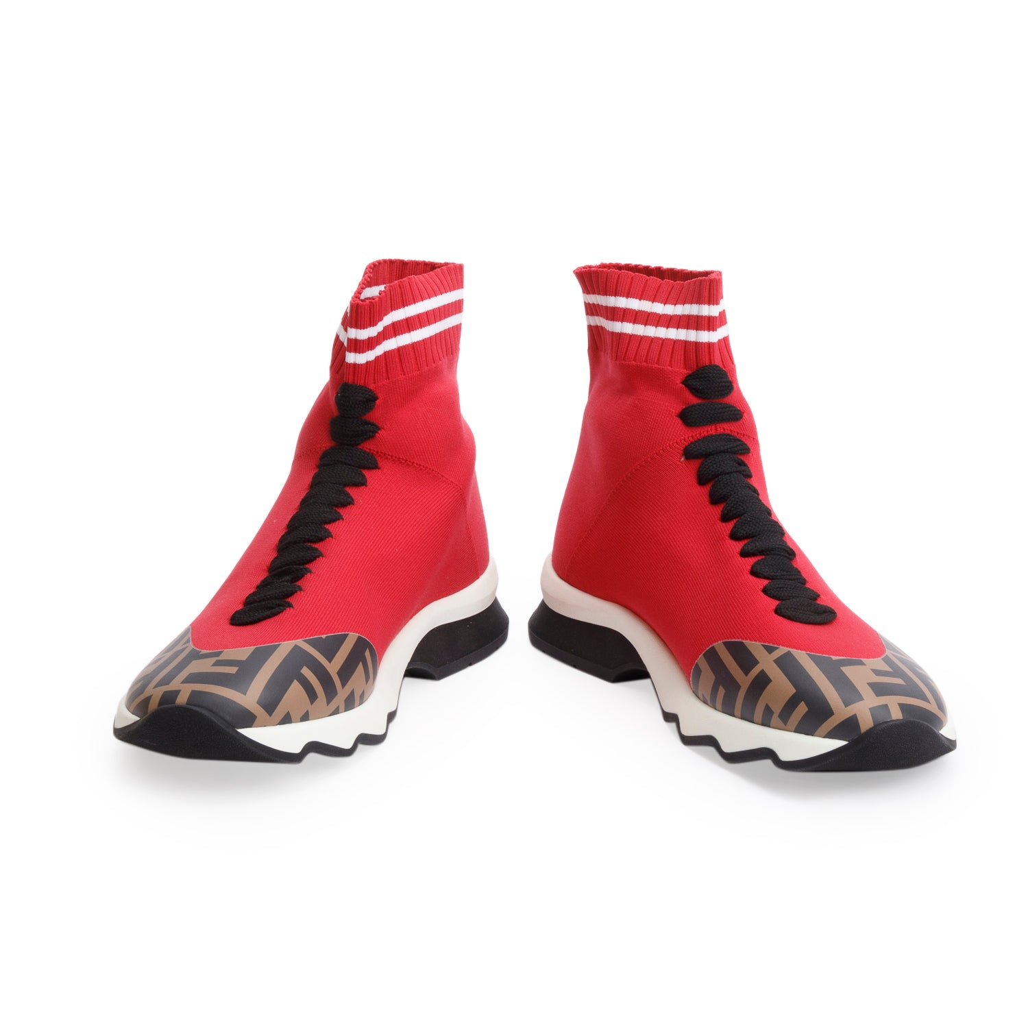 Fendi Red Stretch Knit FF Zucca Calfskin Mania Sock Sneakers, Size 38 w/ Box