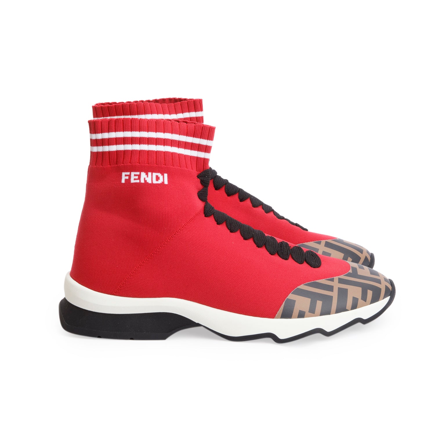Fendi Red Stretch Knit FF Zucca Calfskin Mania Sock Sneakers, Size 38 w/ Box