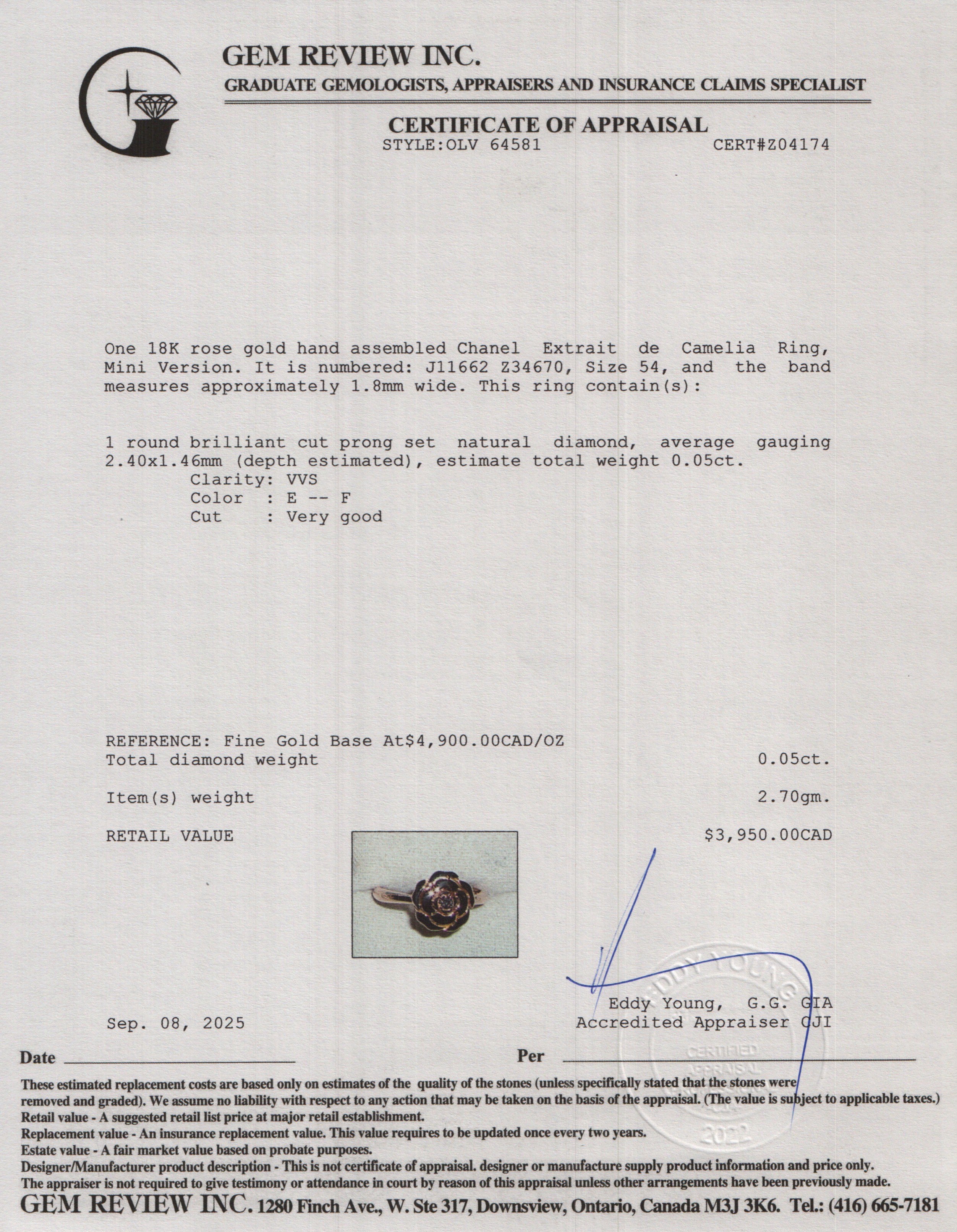 Chanel 18k Rose Gold Extrait de Camelia Ring, Size 54 7 Mini Version w/ Box & Papers