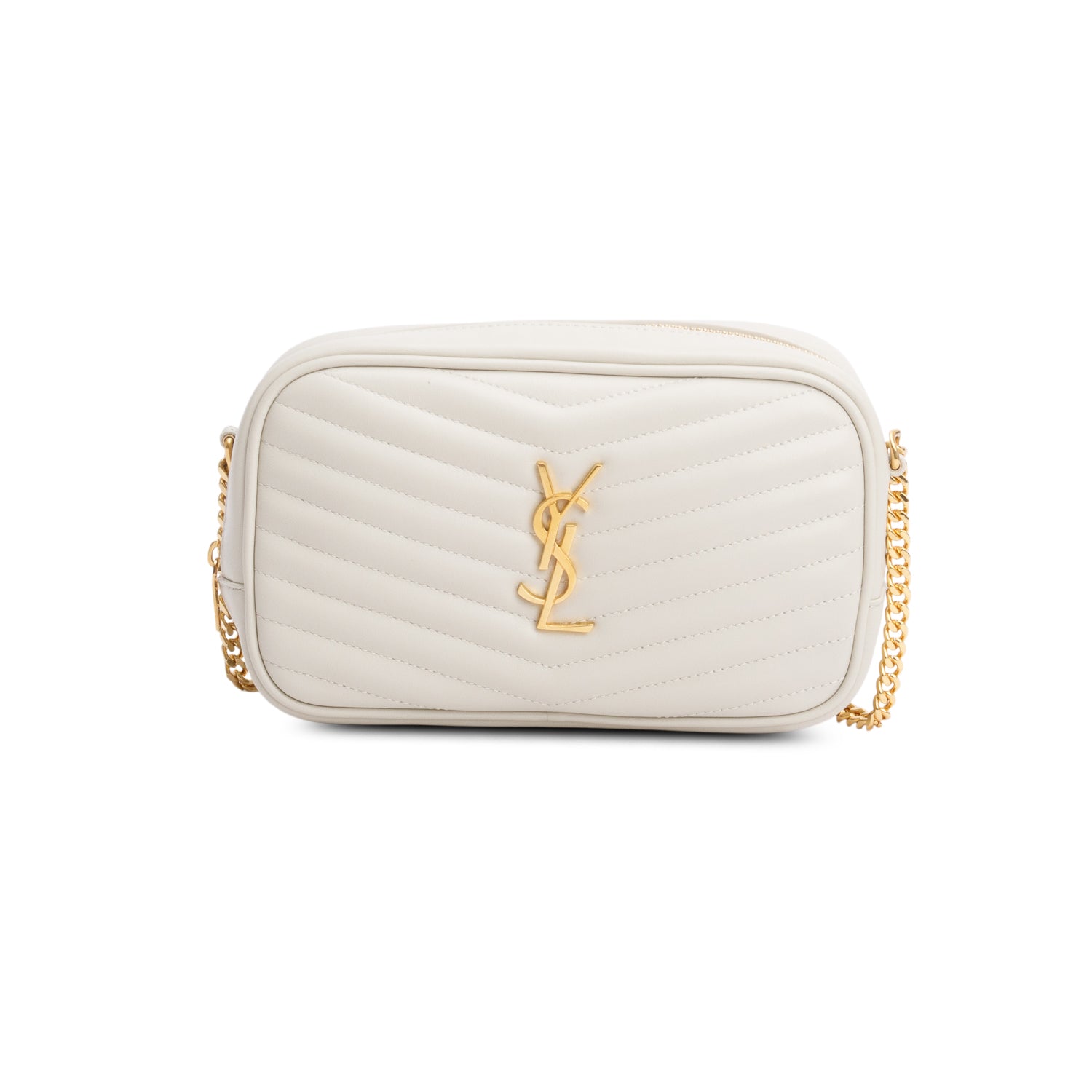 Saint Laurent 2023 White Quilted Calfskin Matelasse Leather Mini Lou Camera Bag