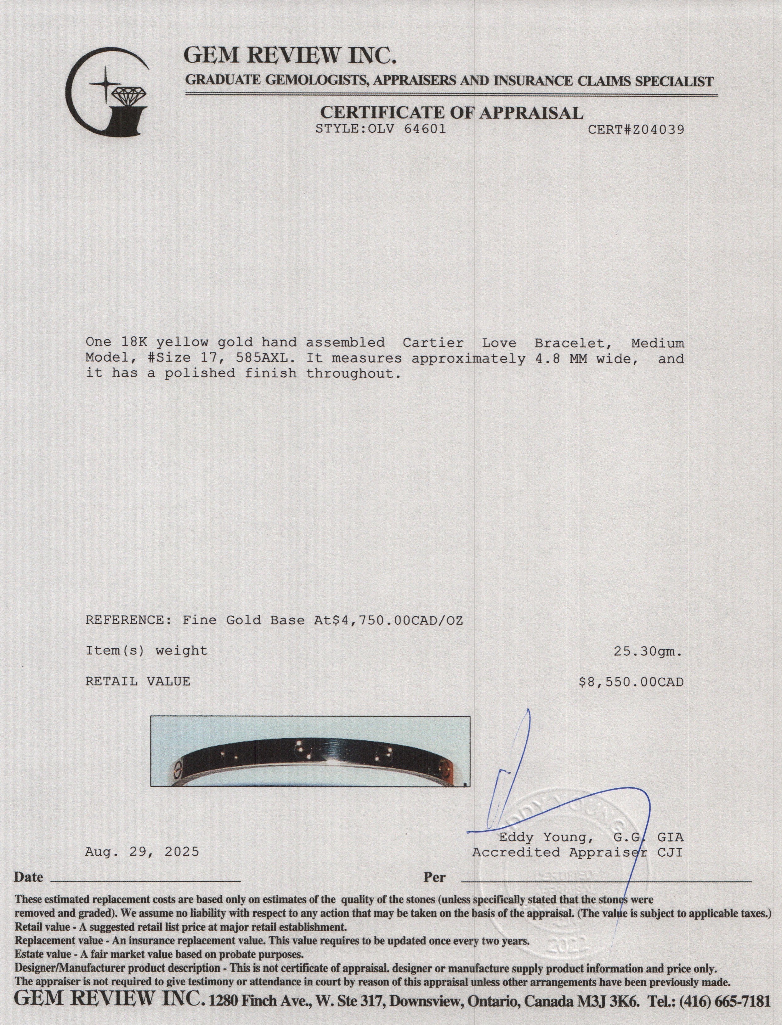 Cartier 2024 18k Yellow Gold 4.8 MM Love Bracelet, Medium Model, Size 17 w/ Box & Receipt