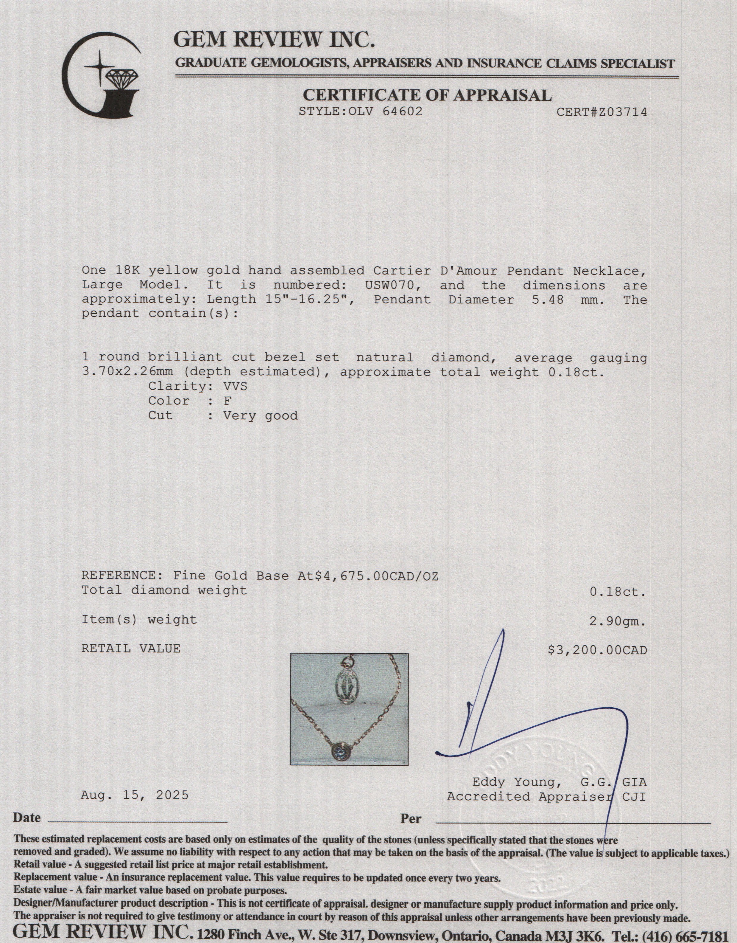 Cartier 2023 18k Yellow Gold Diamond D'Amour Pendant Necklace, Large Model w/ Receipt & Certificate