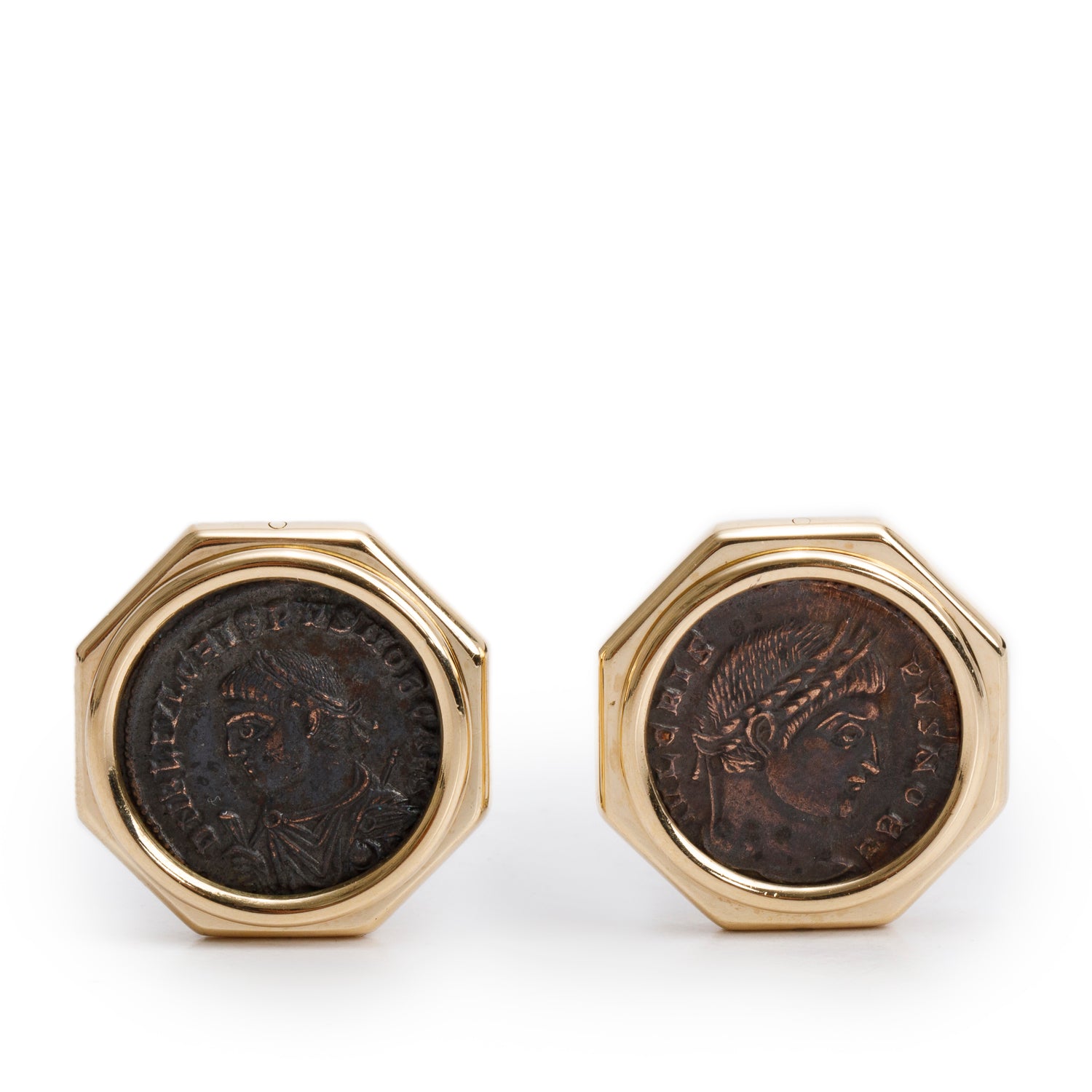 BVLGARI Vintage 18k Yellow Gold Monete Ancient Coin Clip-On Earrings w/ Box