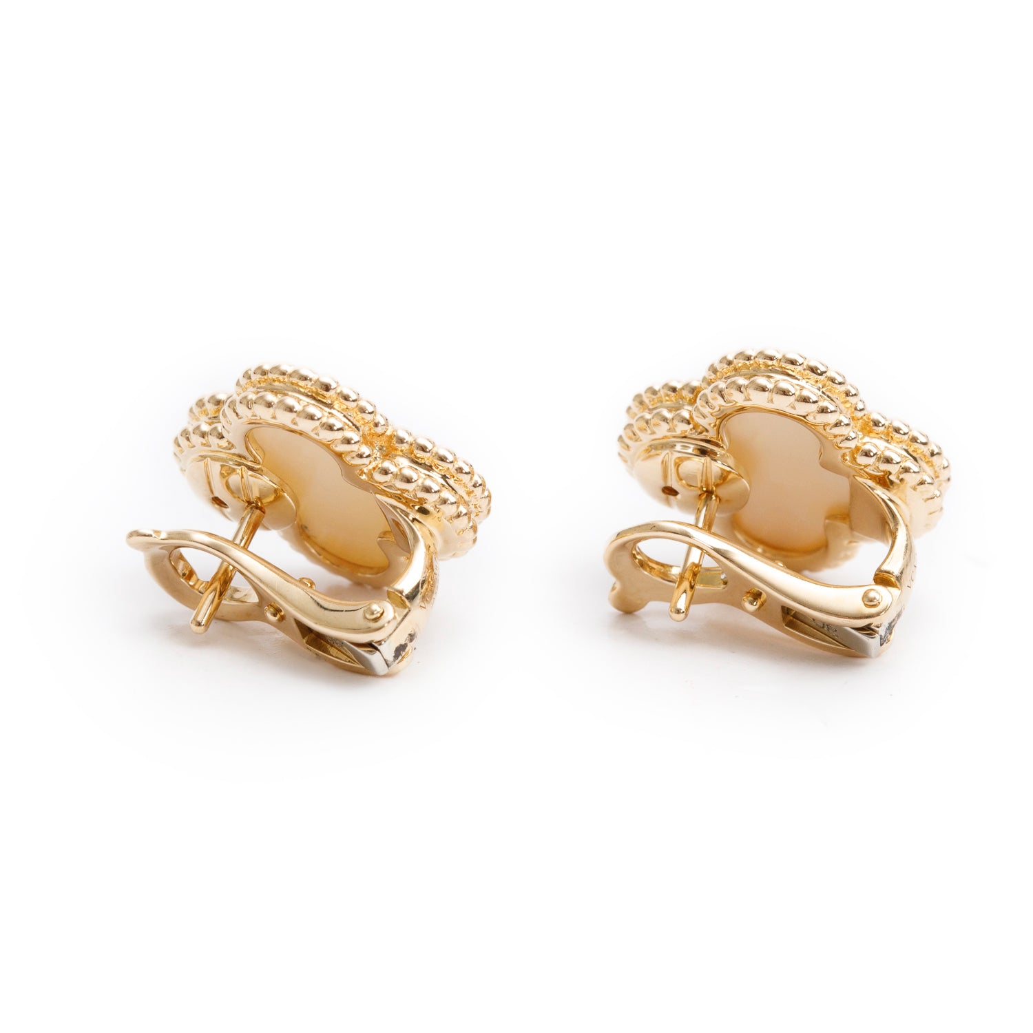 Van Cleef & Arpels 18k Yellow Gold Vintage Alhambra Mother of Pearl Stud Earrings w/ Receipt