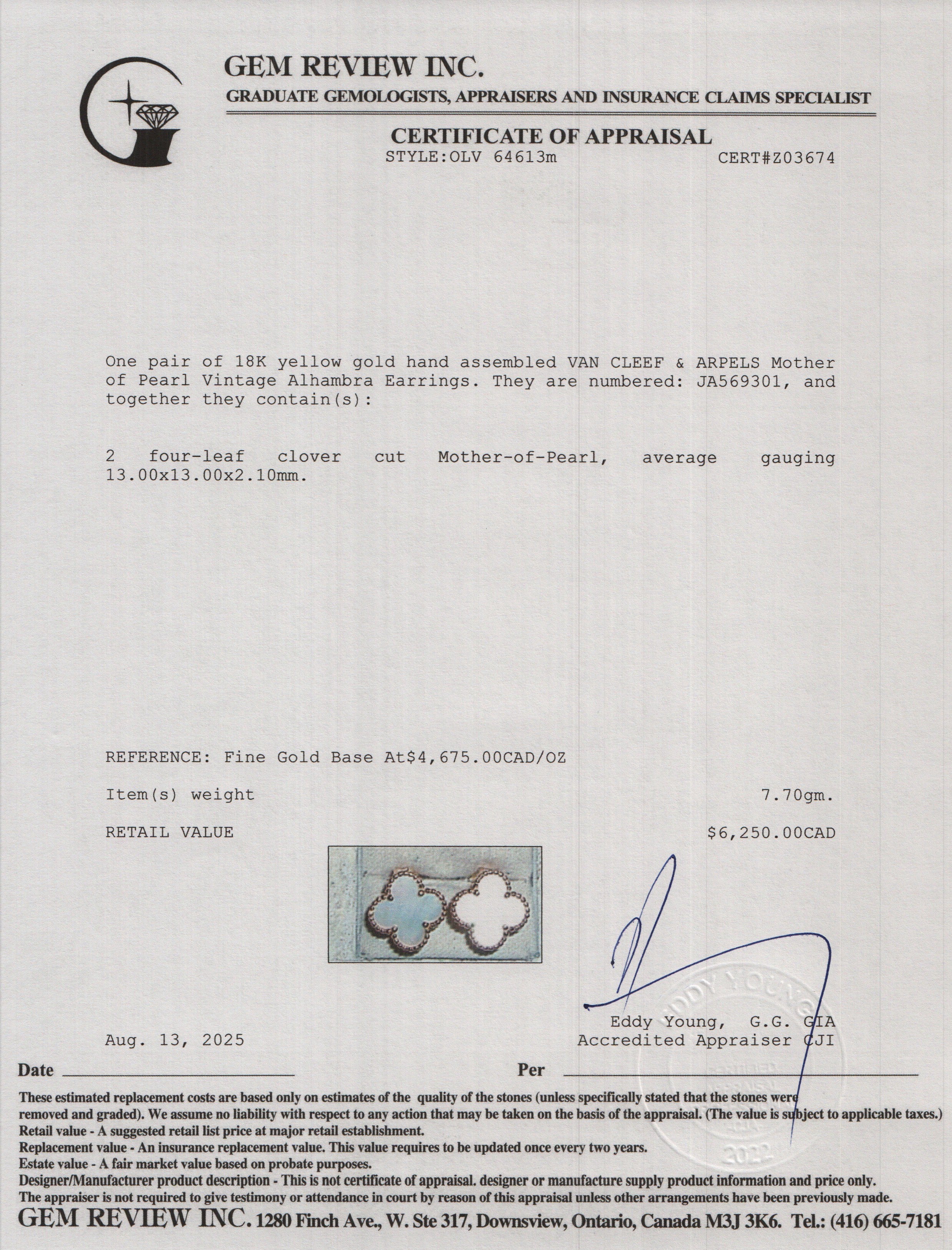 Van Cleef & Arpels 18k Yellow Gold Vintage Alhambra Mother of Pearl Stud Earrings w/ Receipt