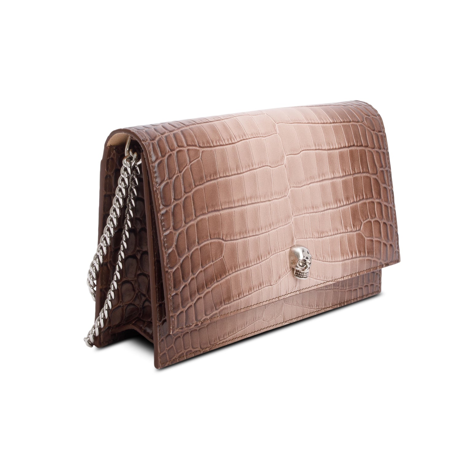 Alexander McQueen Brown Ombre Crocodile Embossed Skull Small Crossbody Bag