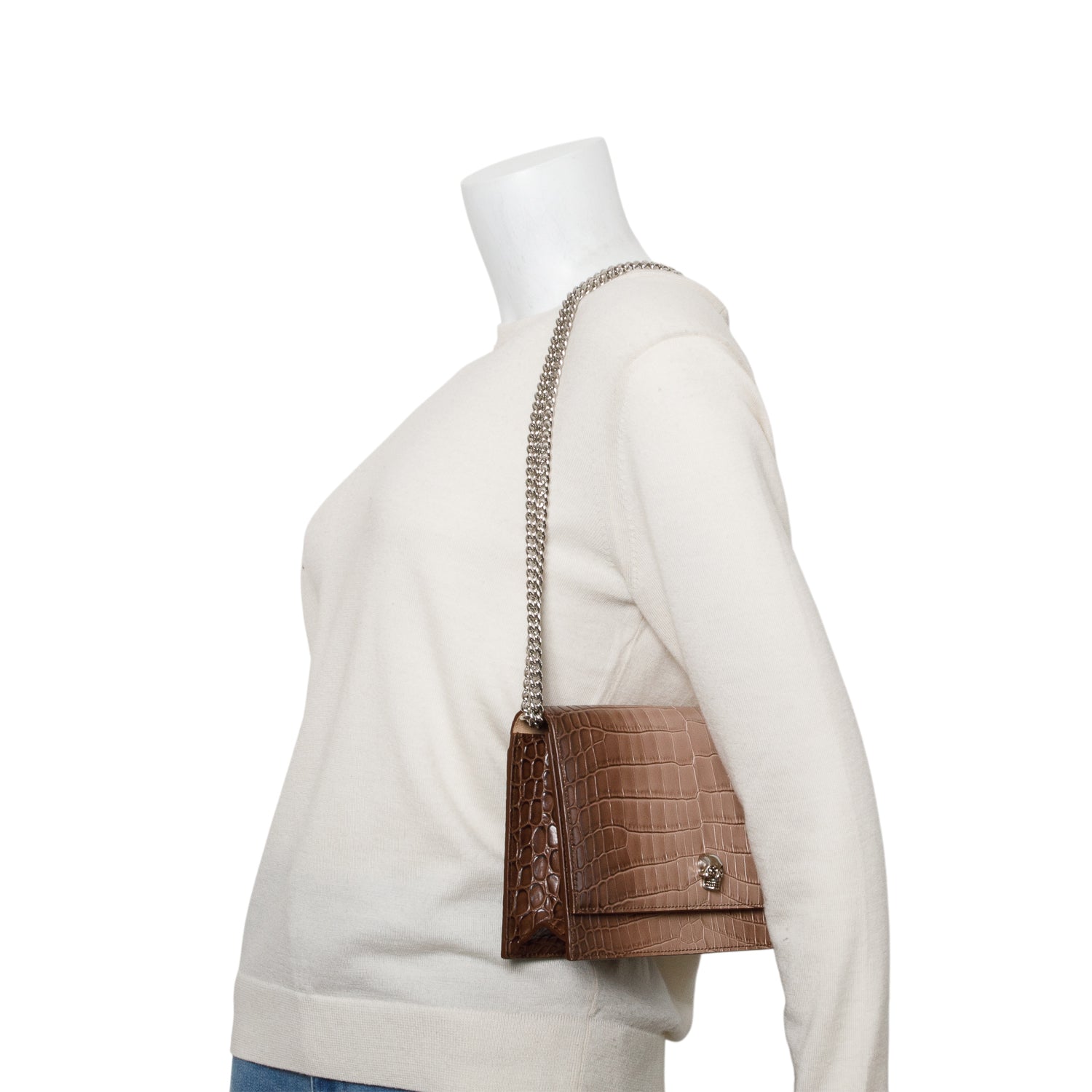 Alexander McQueen Brown Ombre Crocodile Embossed Skull Small Crossbody Bag