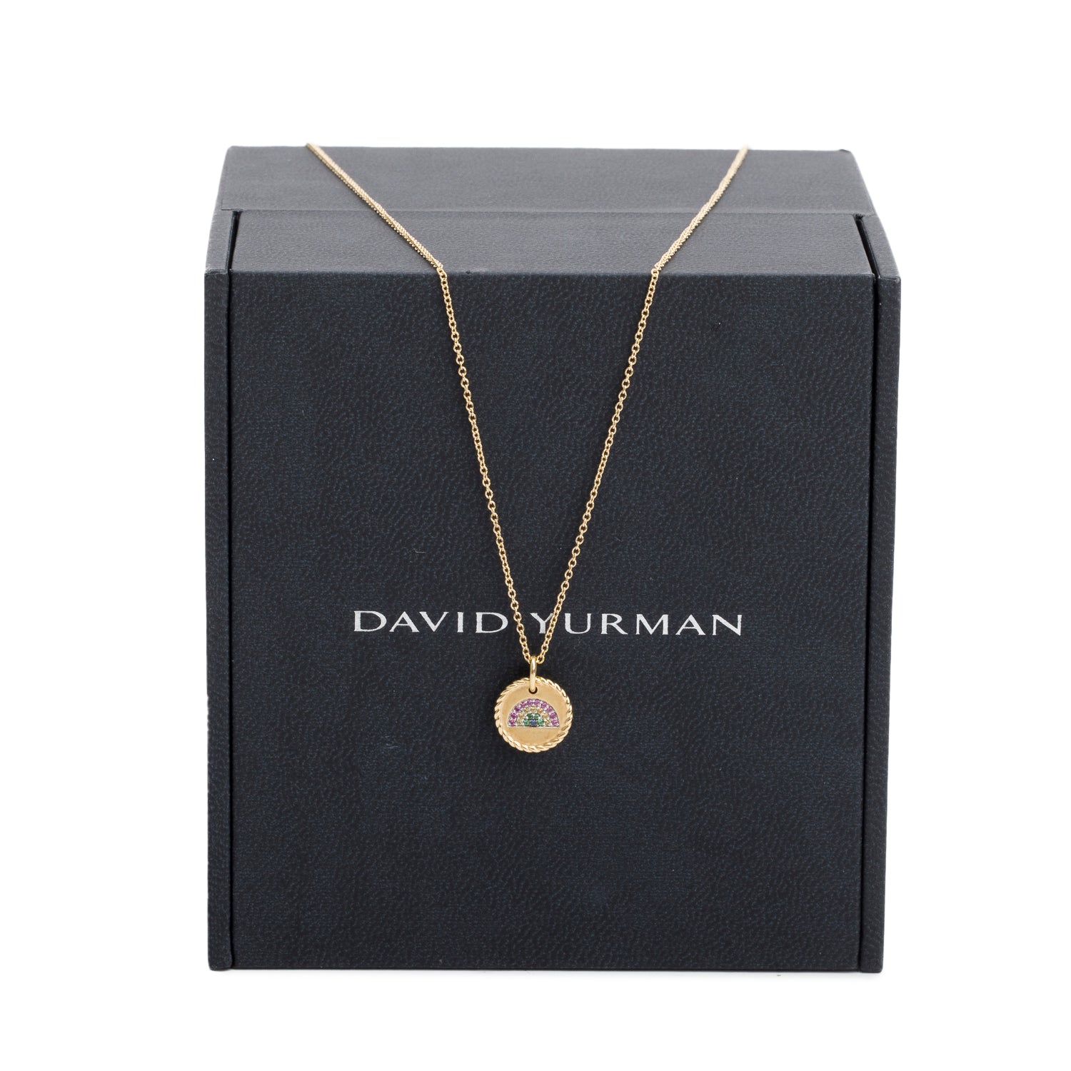 David Yurman 18k Yellow Gold Sapphire & Tsavorite Cable Collectibles Rainbow Pendant Necklace, 11 MM w/ Box