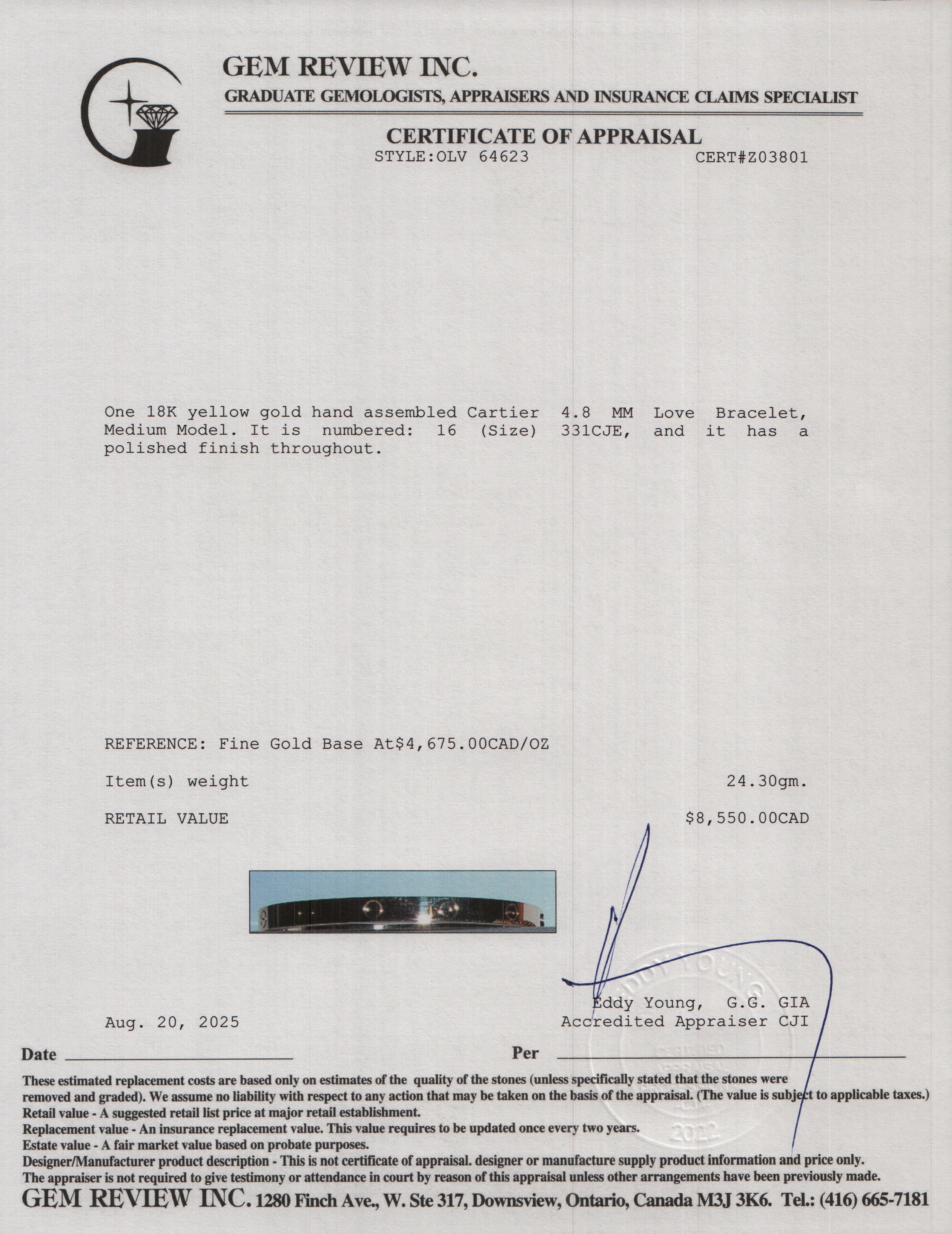 Cartier 2024 18k Yellow Gold 4.8 MM Love Bracelet, Medium Model, Size 16 w/ Box, Receipt & Certificate