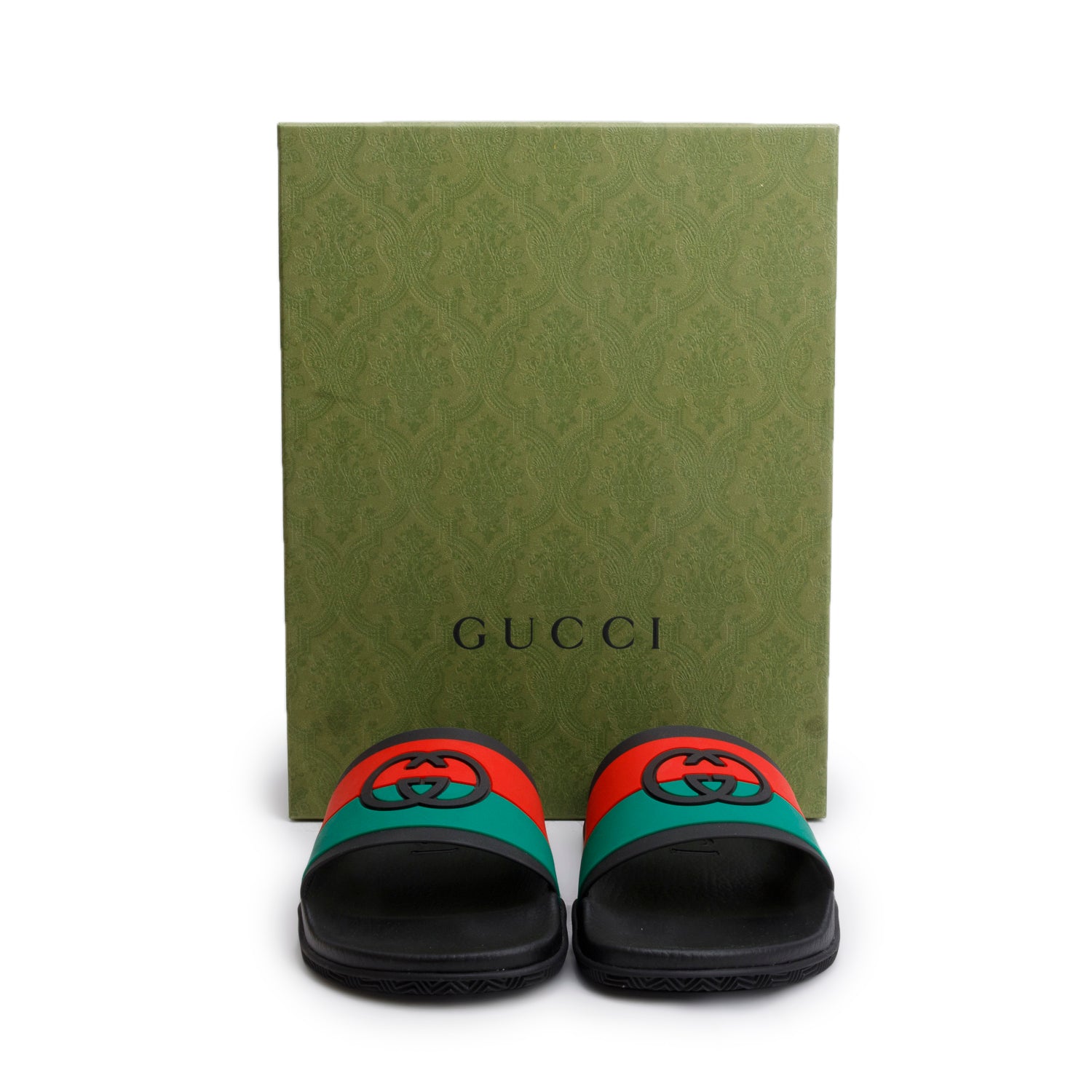 Gucci Black Green & Red Web Rubber Interlocking G Logo Slides, Men's Size 11 w/ Box