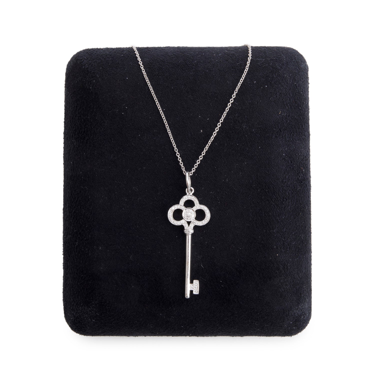 Tiffany & Co. 18k White Gold Diamond 1.5" Crown Key Pendant Necklace w/ Box