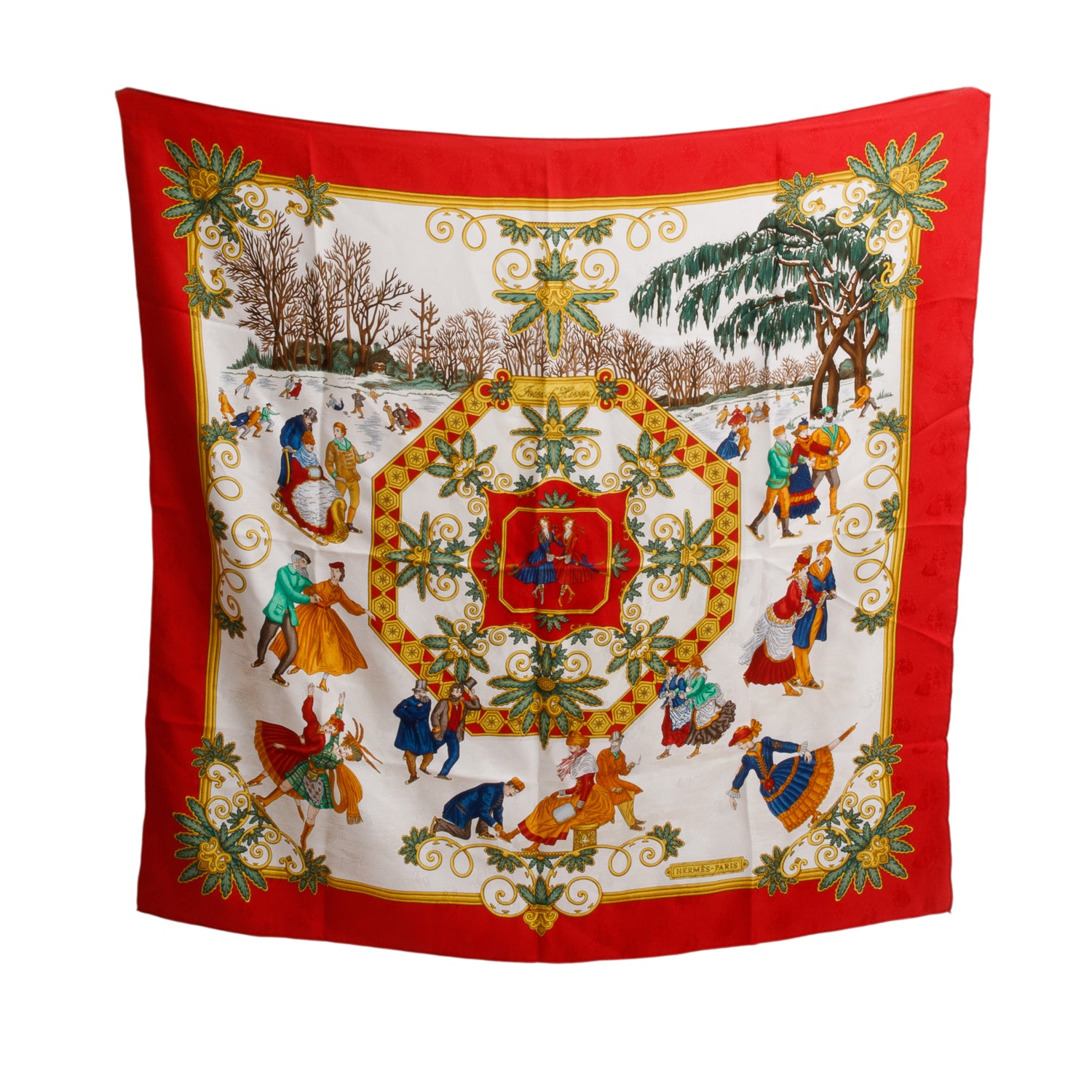 Hermes Red/Multicolor 'Joies d' Hiver' Silk Scarf 90