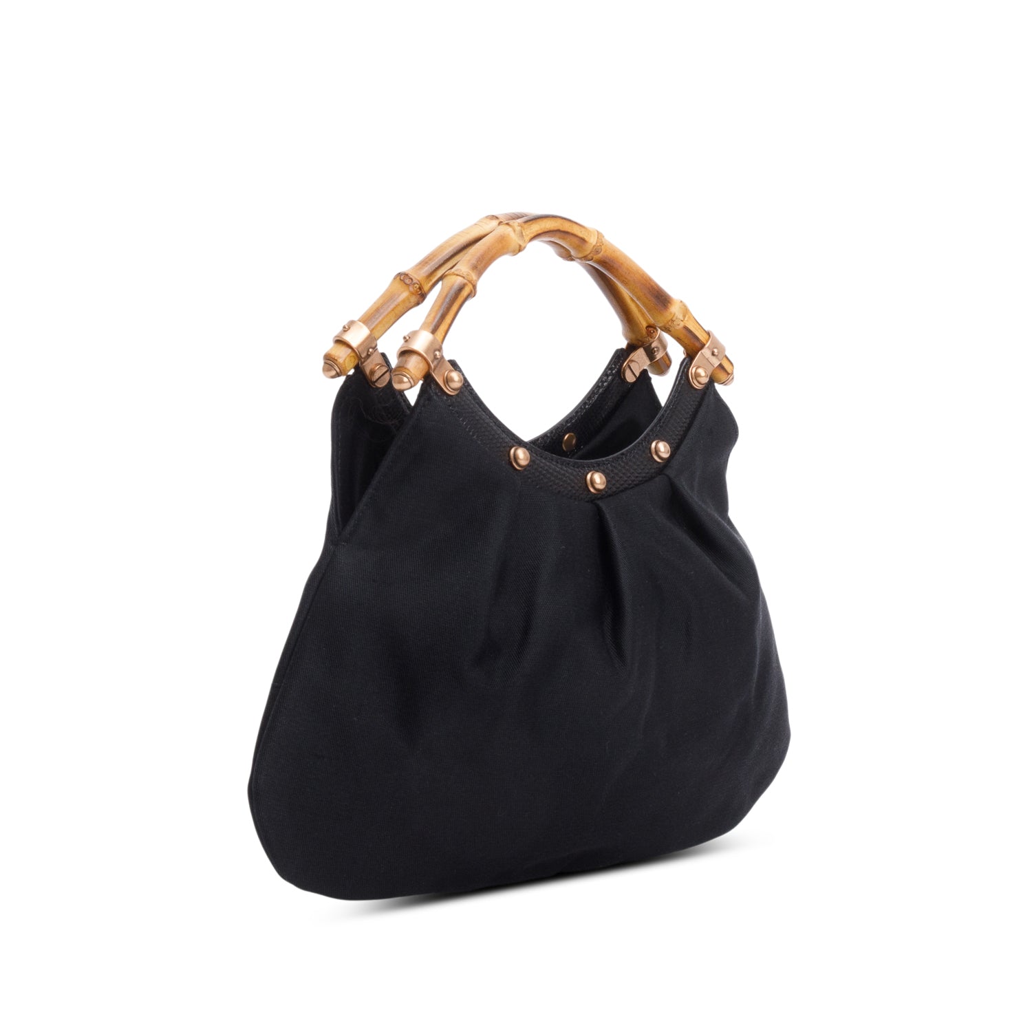 Gucci Black Canvas Studded Small Anita Bamboo Handle Hobo Bag