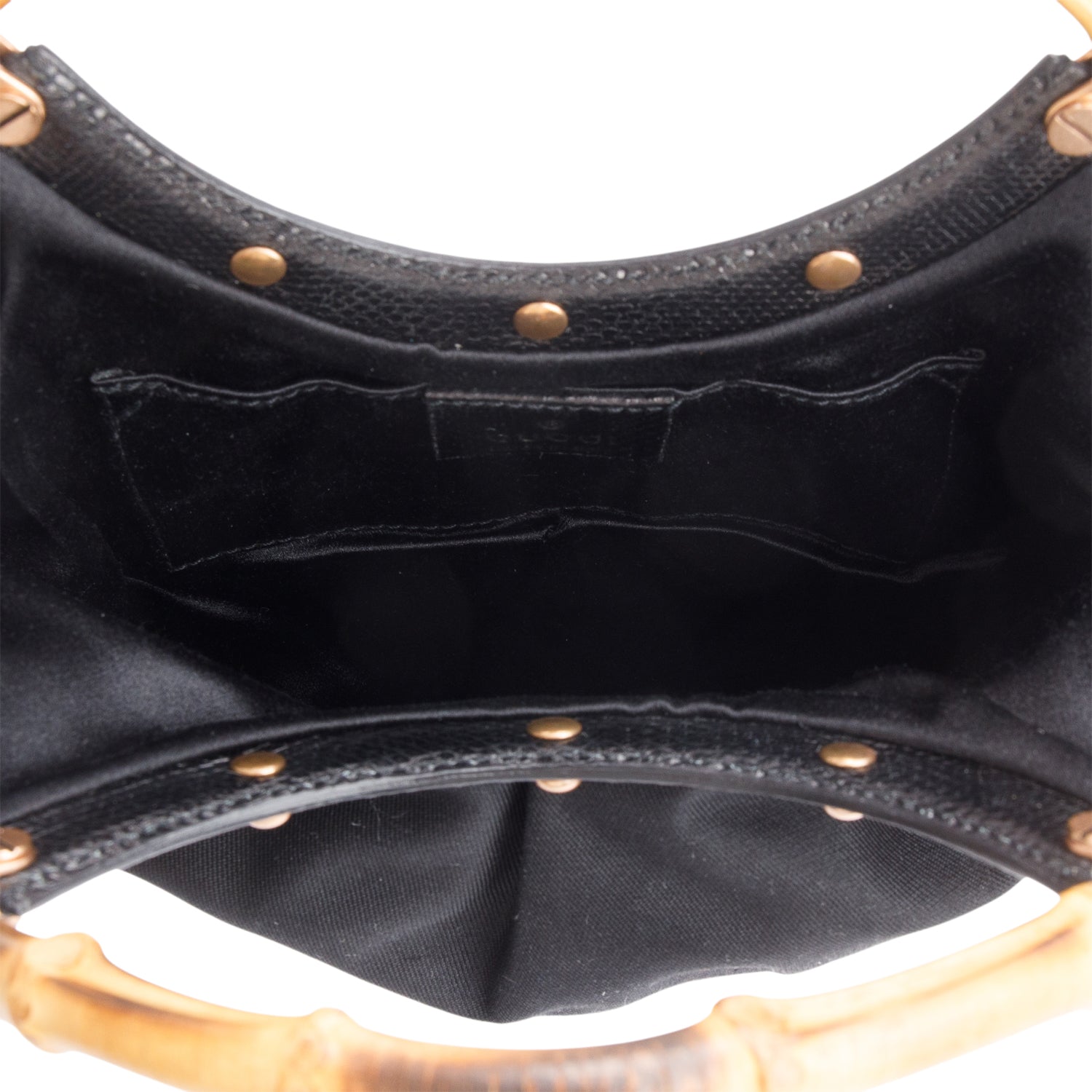 Gucci Black Canvas Studded Small Anita Bamboo Handle Hobo Bag