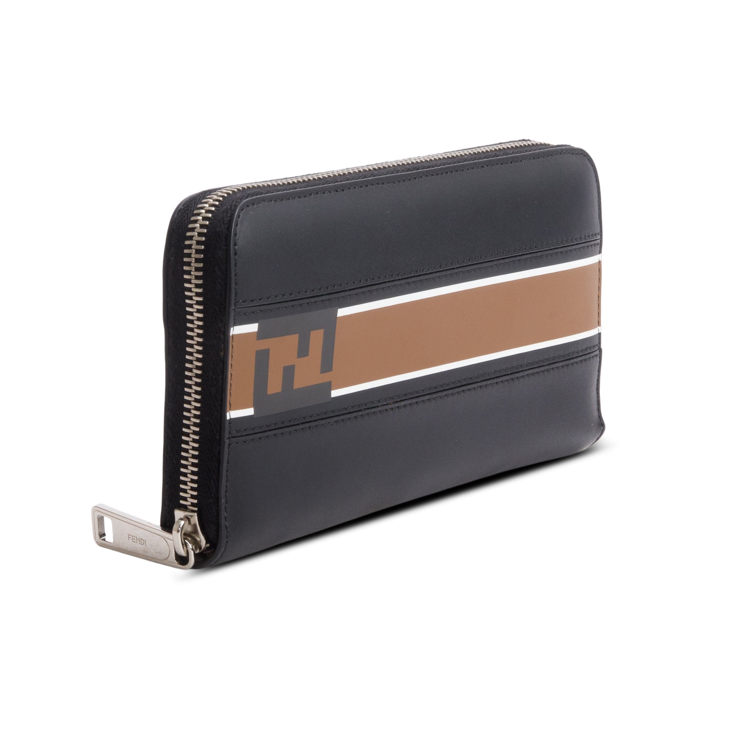 Fendi Black/Bworn Leather FF Logo Large Zip Around Wallet