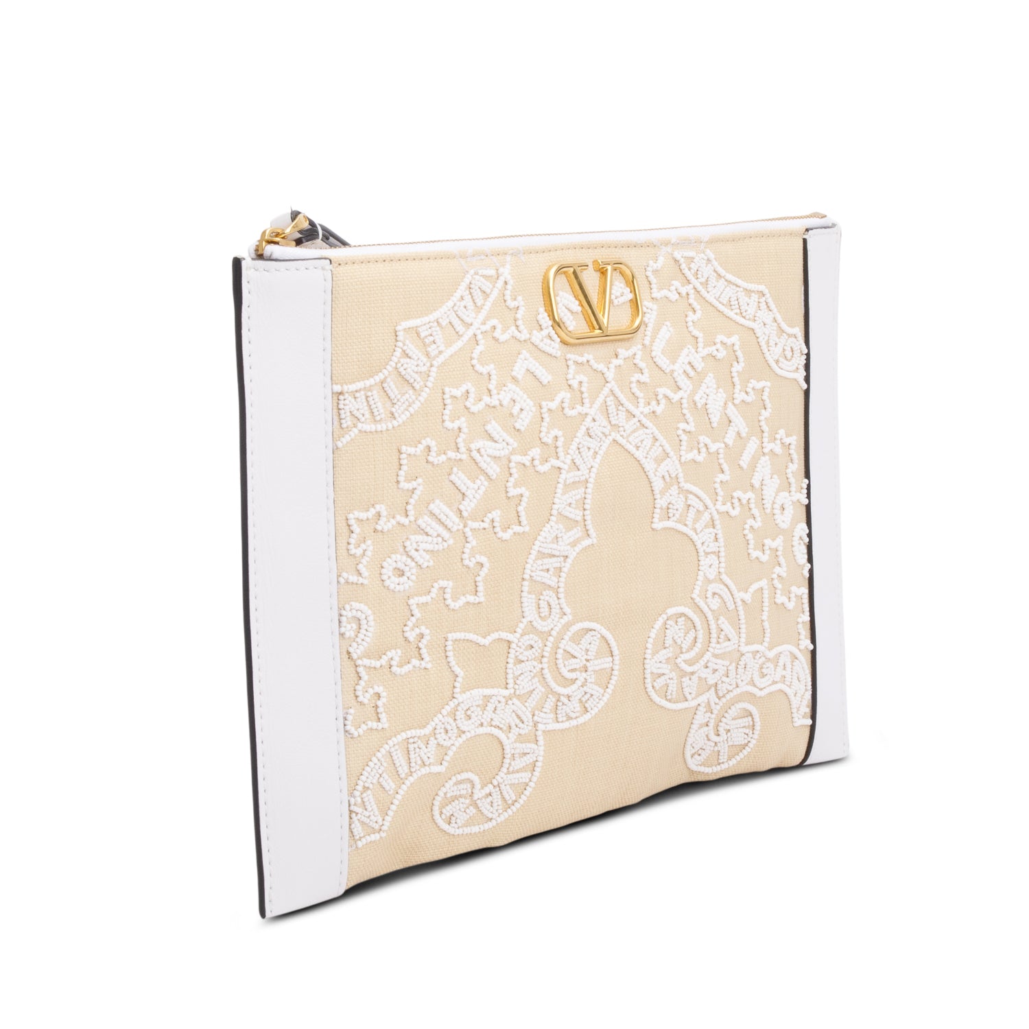 Valentino White Leather Neutral Canvas Embroidered VLogo Signature Pouch