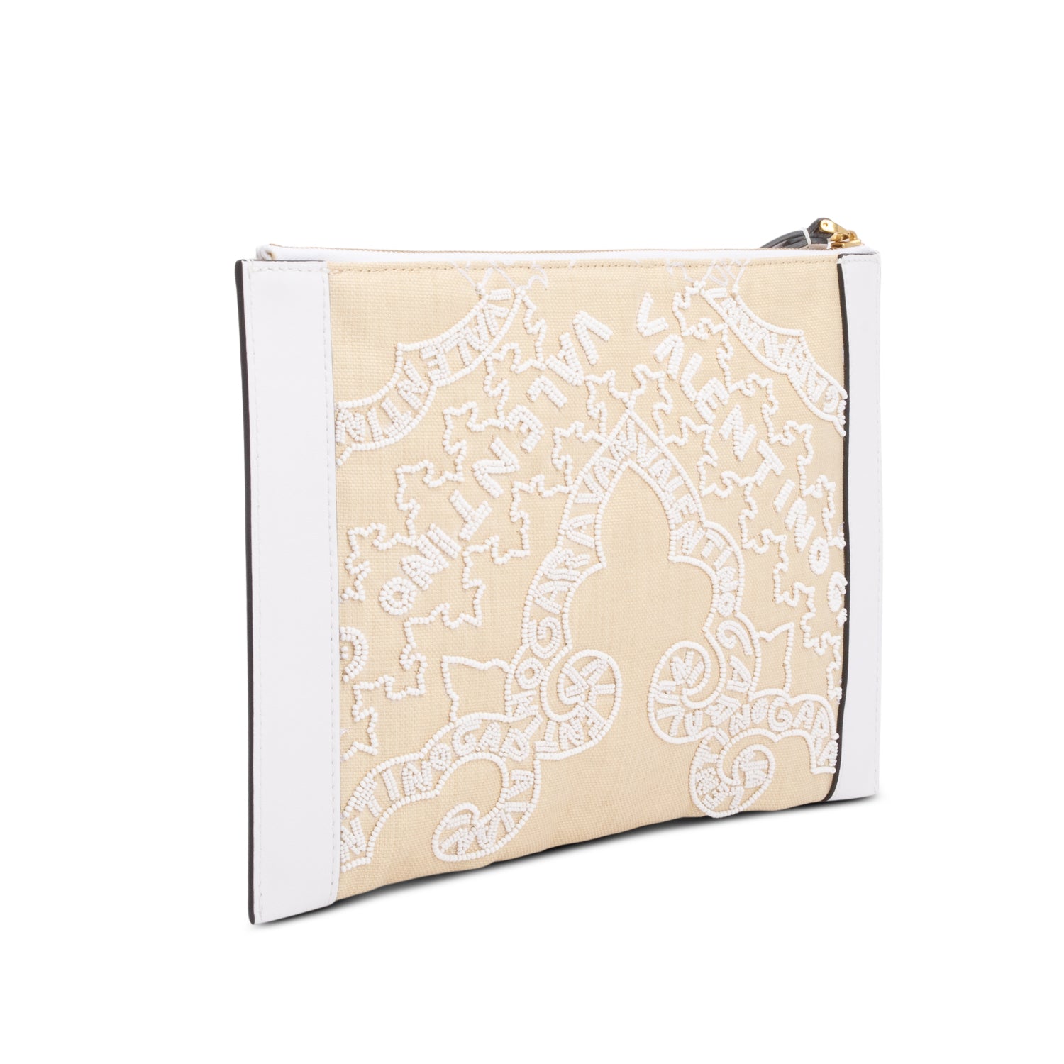 Valentino White Leather Neutral Canvas Embroidered VLogo Signature Pouch