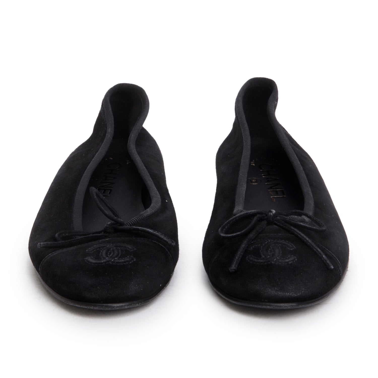 Chanel Black Velvet Interlocking CC Logo Bow Flats, Size 37