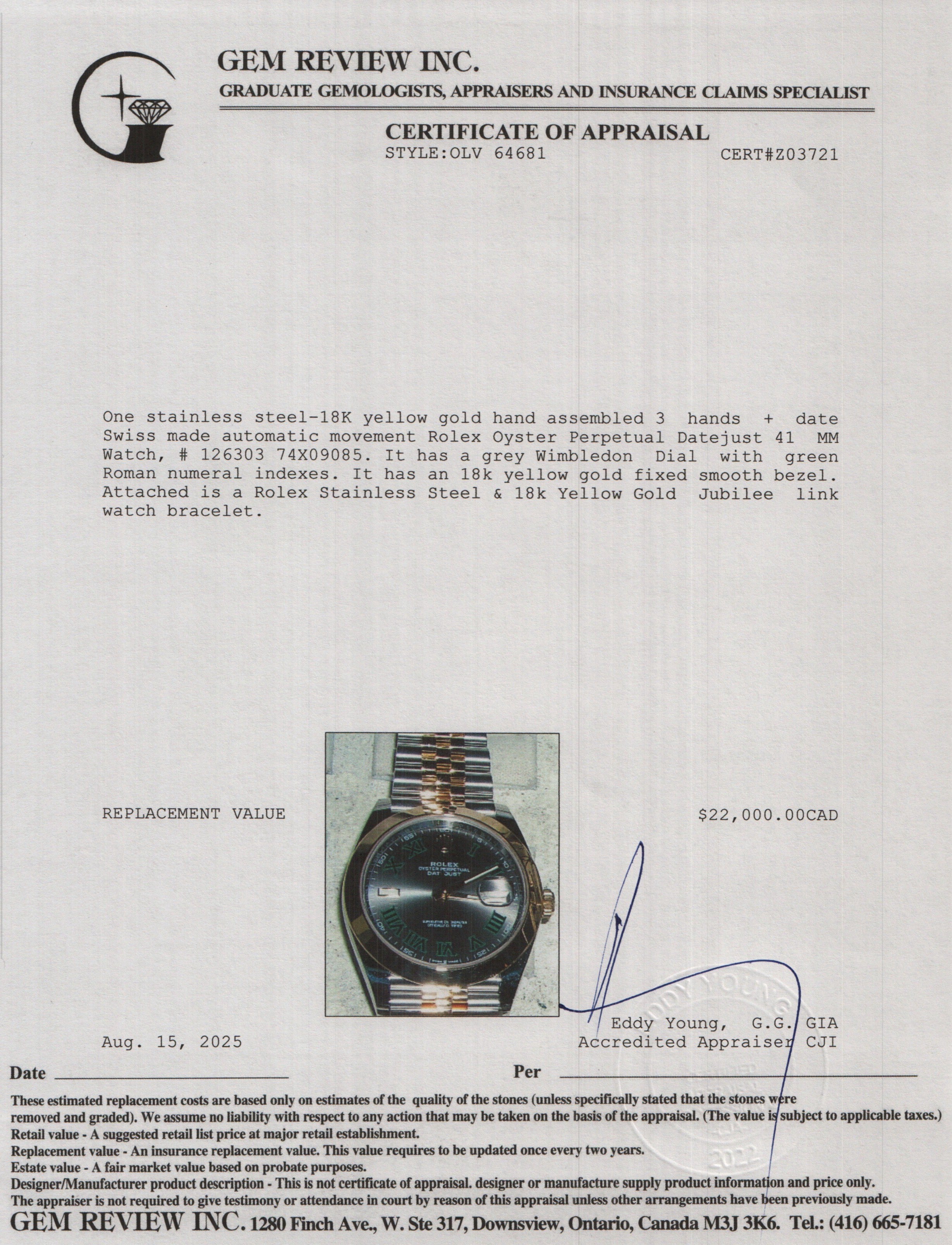 Rolex 2021 Stainless Steel & 18k Yellow Gold Oyster Perpetual Datejust 41 MM Watch Wimbledon Dial 126303 w/ Box & Papers