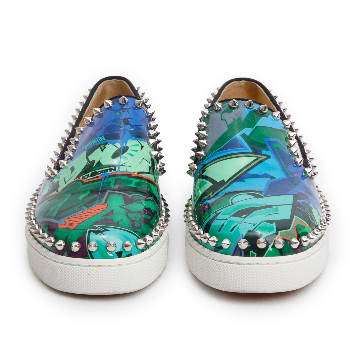 Christian Louboutin Green Patent Leather Print Studded Pik Boat Sneakers, Size 37.5