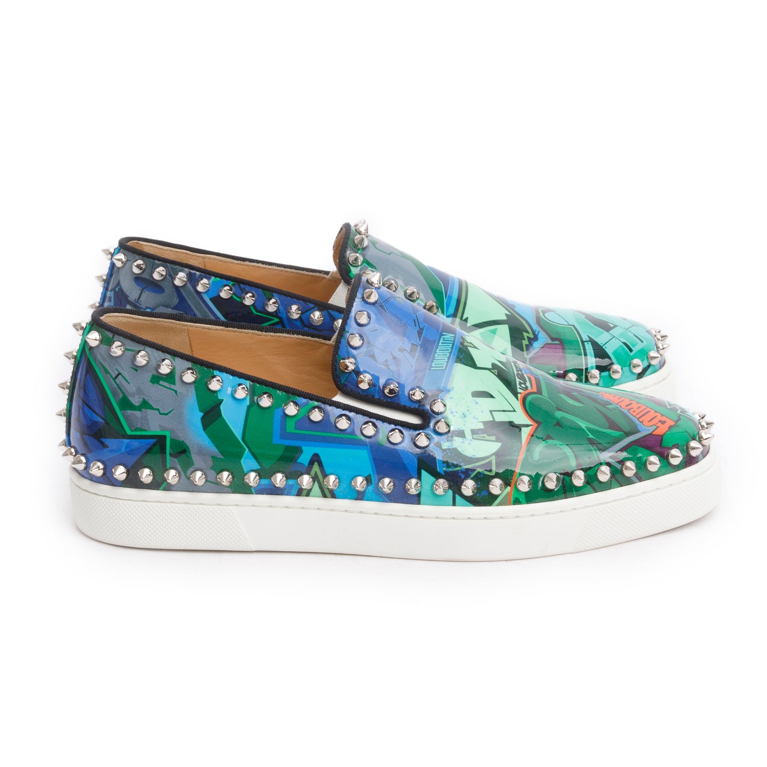 Christian Louboutin Green Patent Leather Print Studded Pik Boat Sneakers, Size 37.5