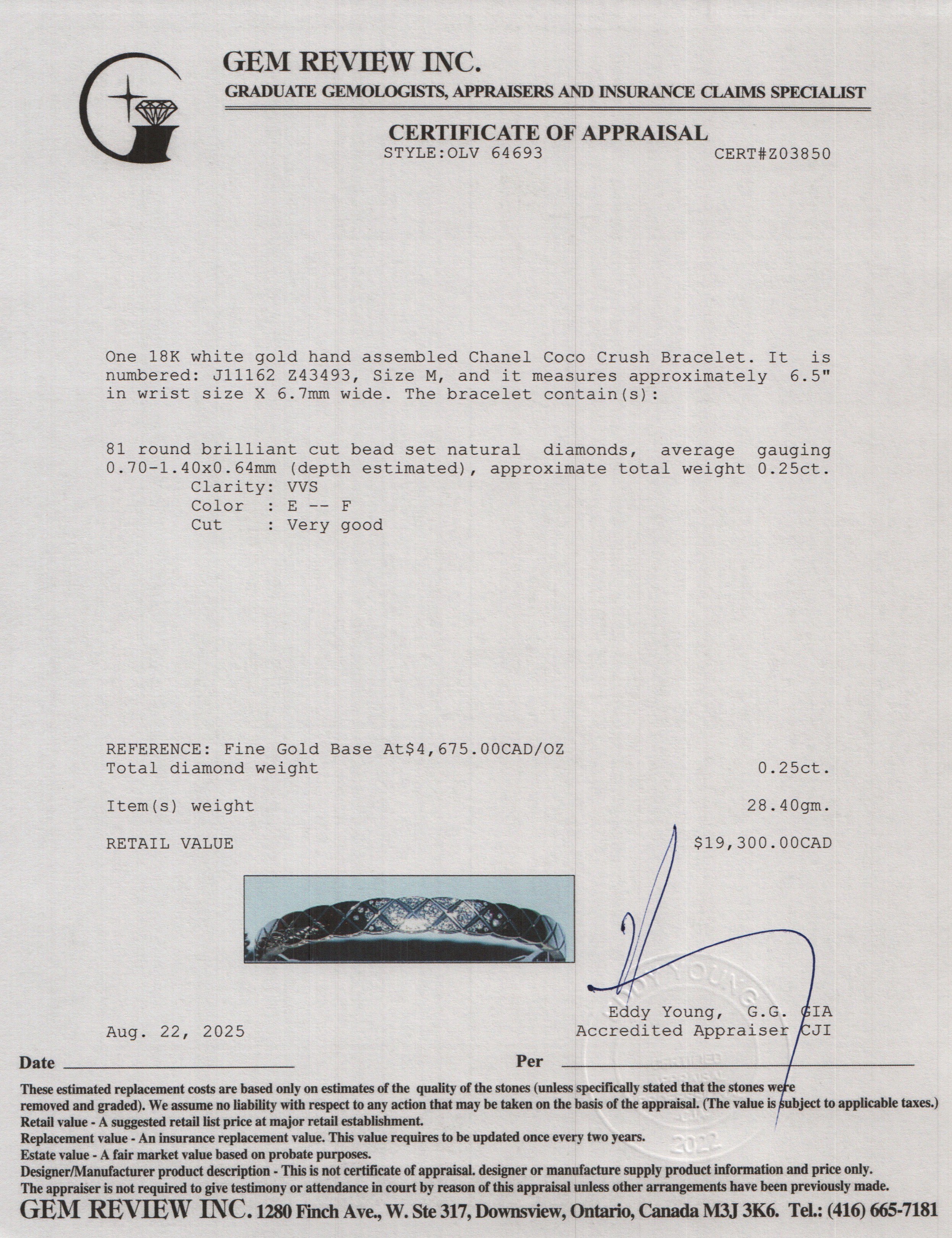 Chanel 18k White Gold Diamond Coco Crush Bracelet, Size M w/ Box & Certificate