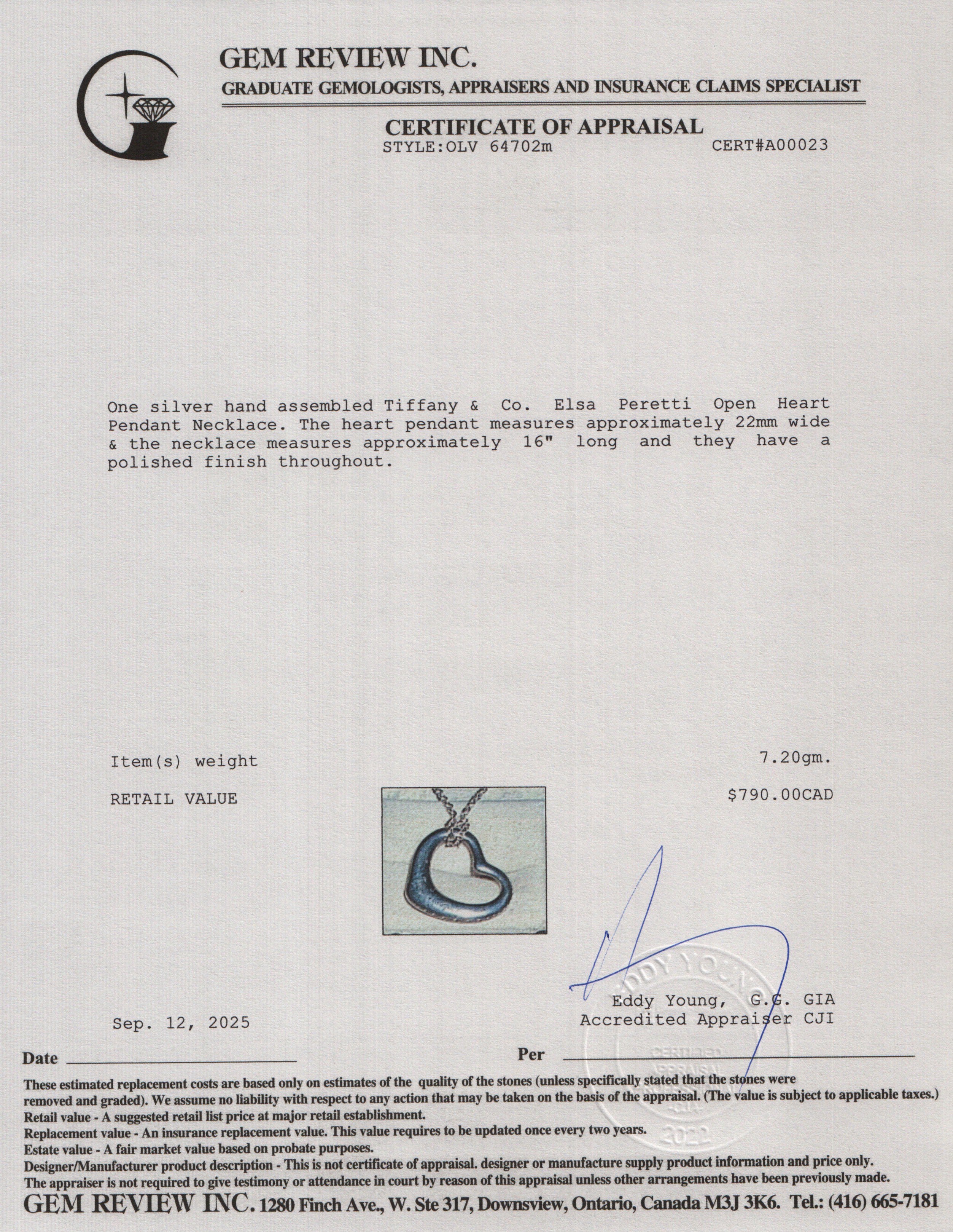 Tiffany & Co. Elsa Peretti Sterling Silver Open Heart Pendant Necklace, 22 MM