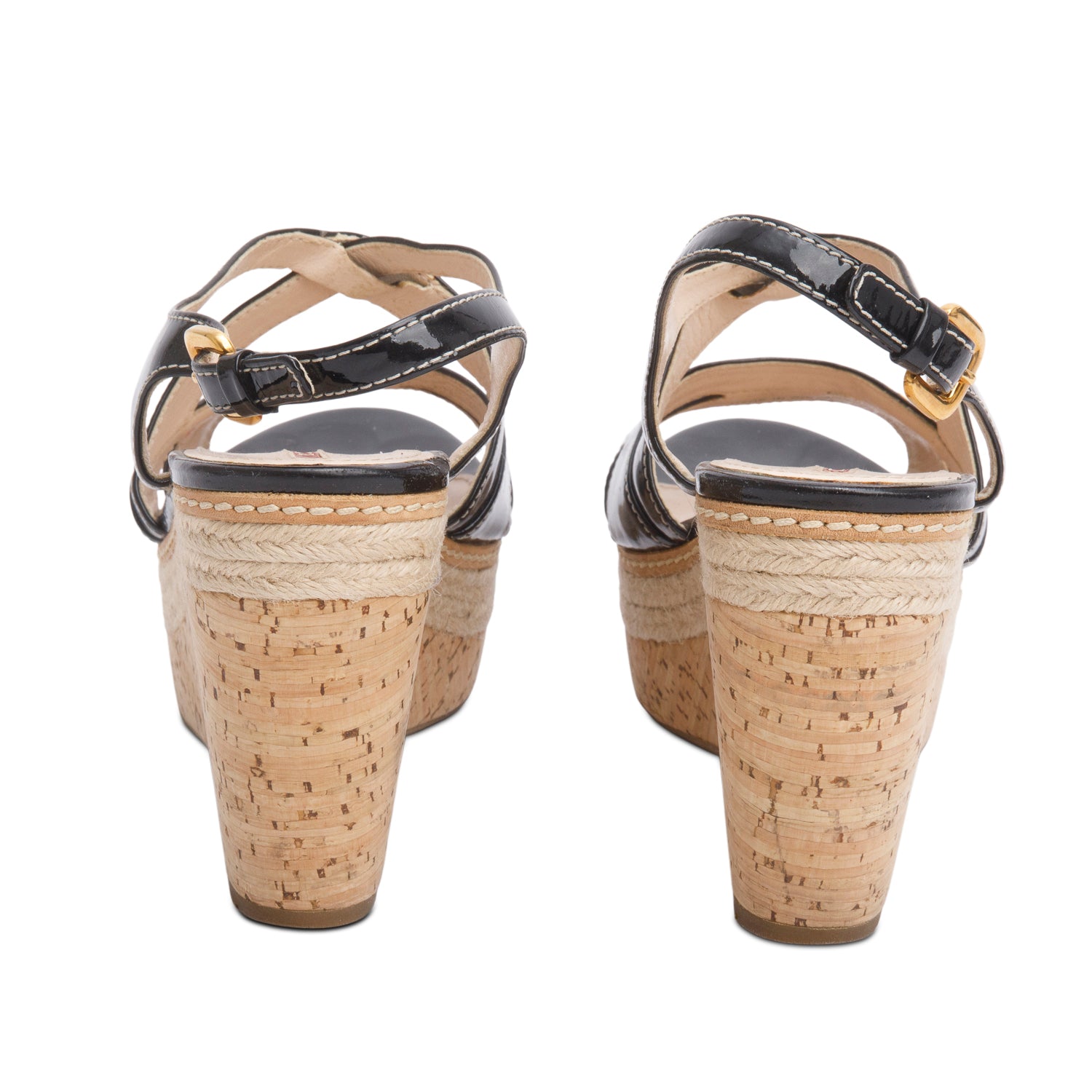Prada Black Patent Leather Cork Sling Back Platform Wedge Sandals, Size 39.5