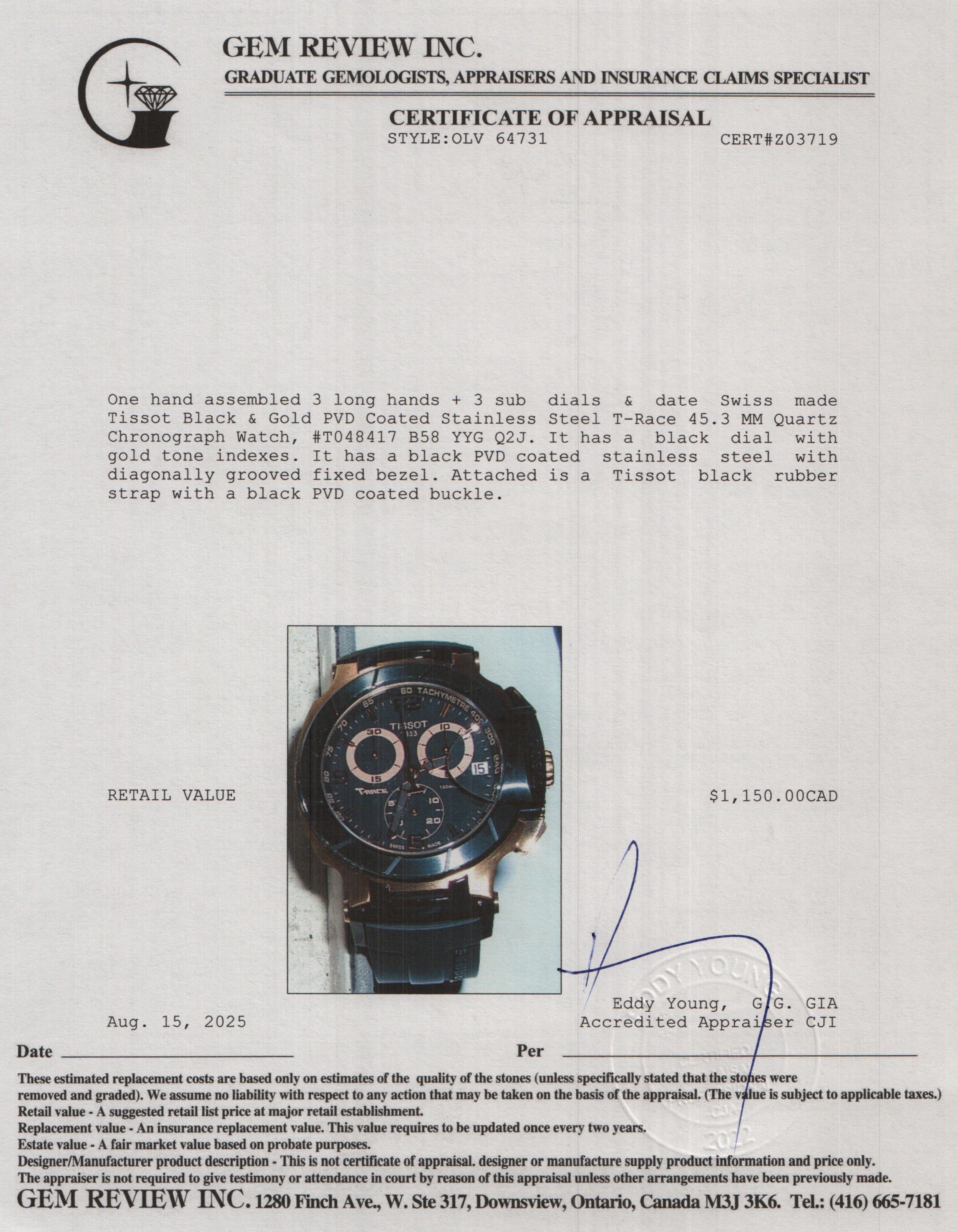 Tissot Black & Gold PVD Coated Stainless Steel T-Race 45.3 MM Quartz Chronograph Watch w/ Box & Papers