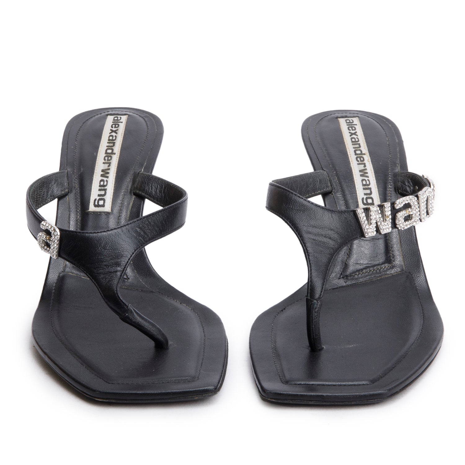 Alexander Wang Black Leather Crystal Signature Logo Thong Sandals, Size 37