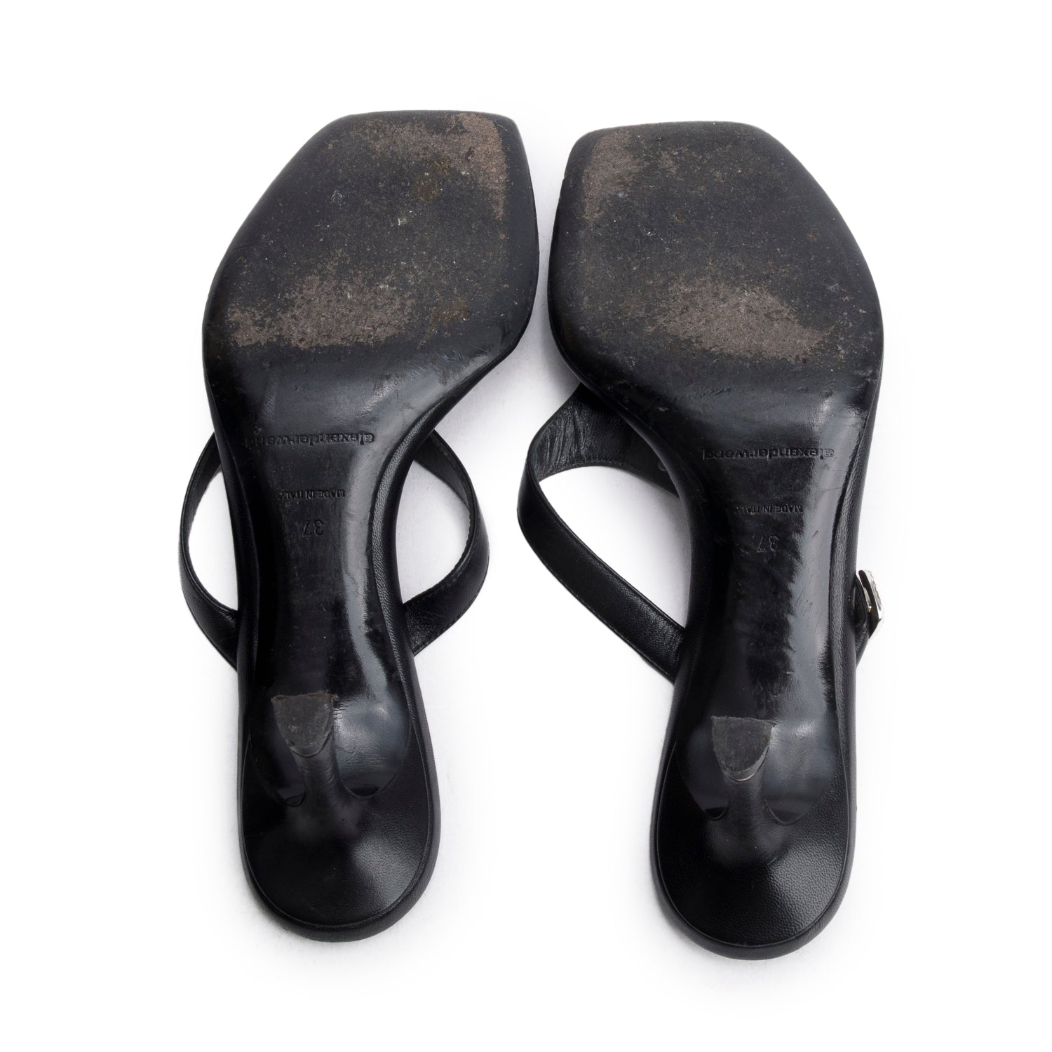 Alexander Wang Black Leather Crystal Signature Logo Thong Sandals, Size 37