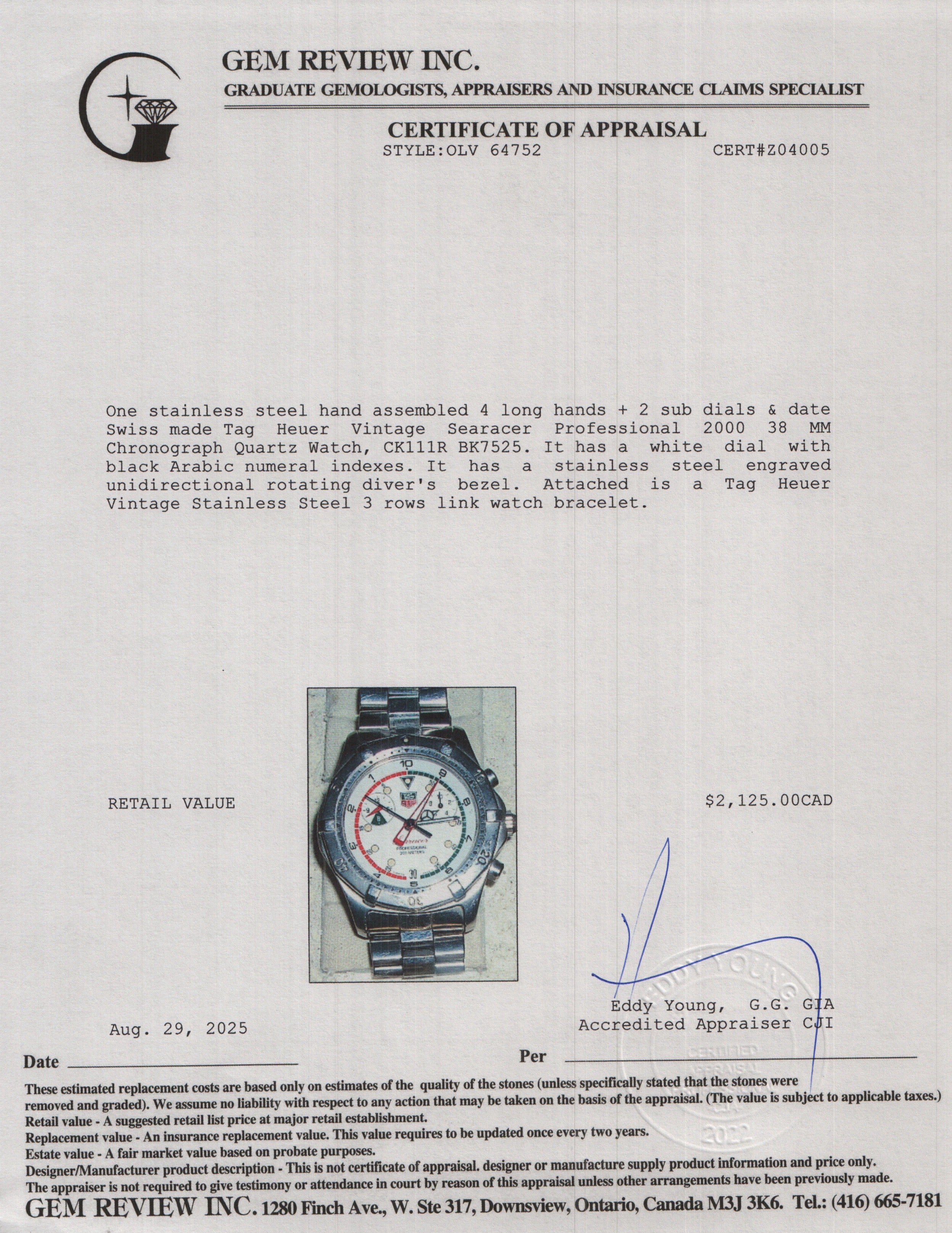 Tag Heuer Vintage Stainless Steel Searacer Professional 2000 38 MM Chronograph Quartz Watch White Dial w/ Box & Papers