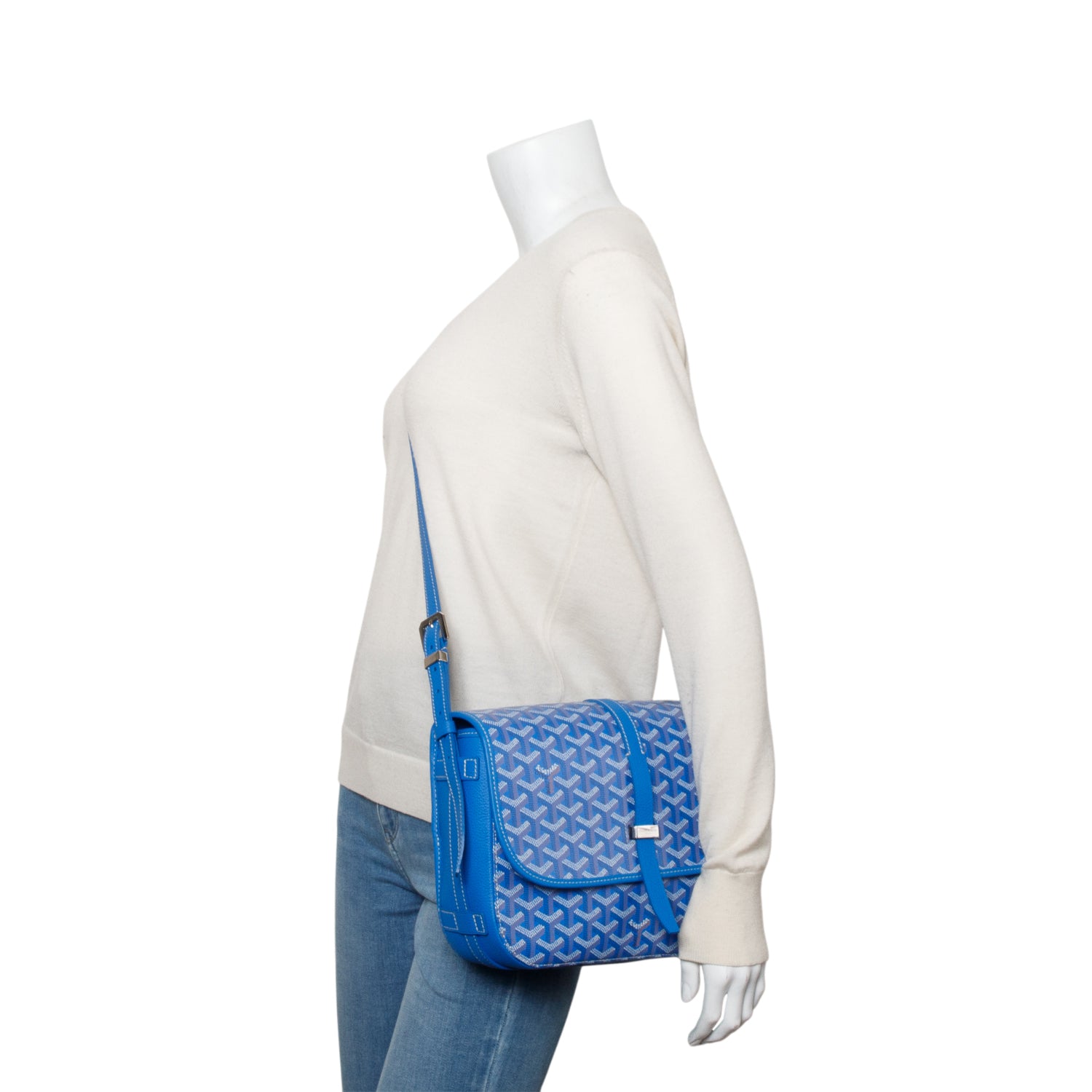Goyard 2023 Blue Leather & Monogram Canvas Belvedere MM Crossbody Bag