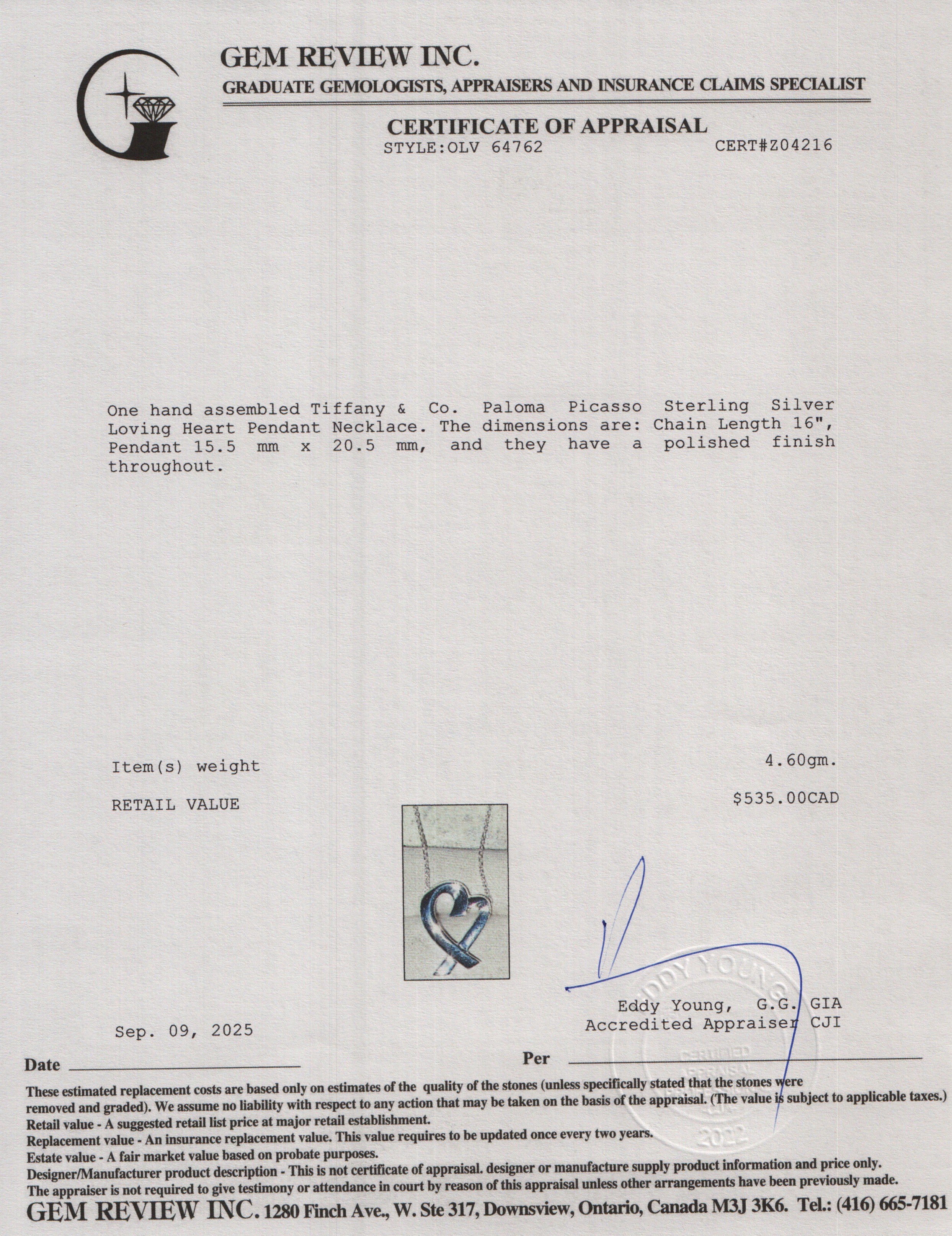 Tiffany & Co. Paloma Picasso Sterling Silver Loving Heart Pendant Necklace