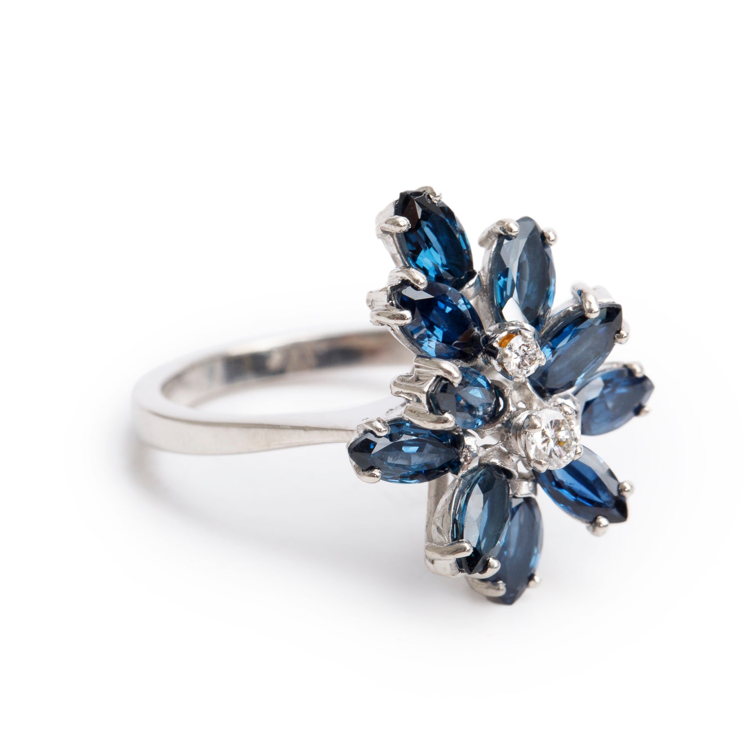18k White Gold Blue Sapphire & Diamond Cluster Ring, Size 7