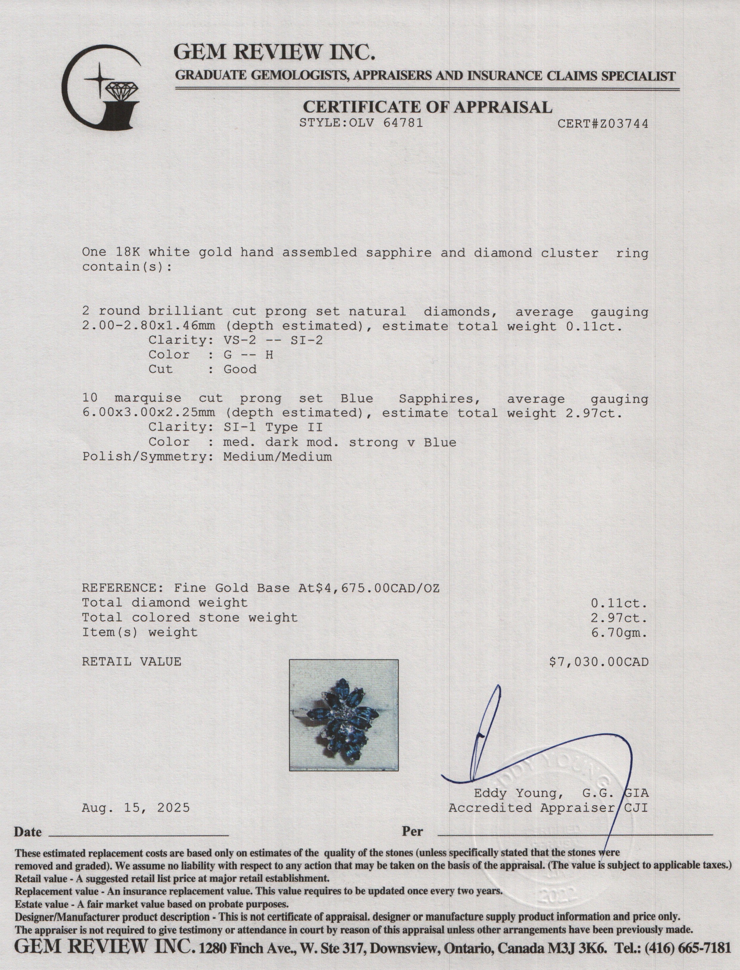 18k White Gold Blue Sapphire & Diamond Cluster Ring, Size 7