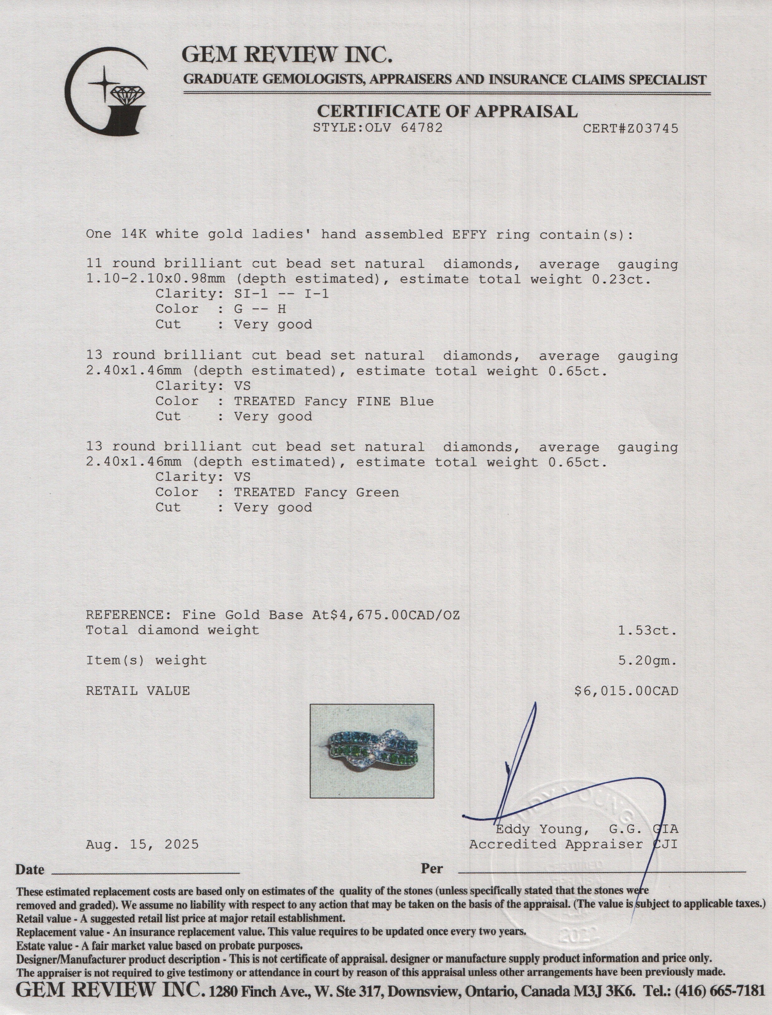 Effy 14k White Gold Multicolor Diamond Ring, Size 7