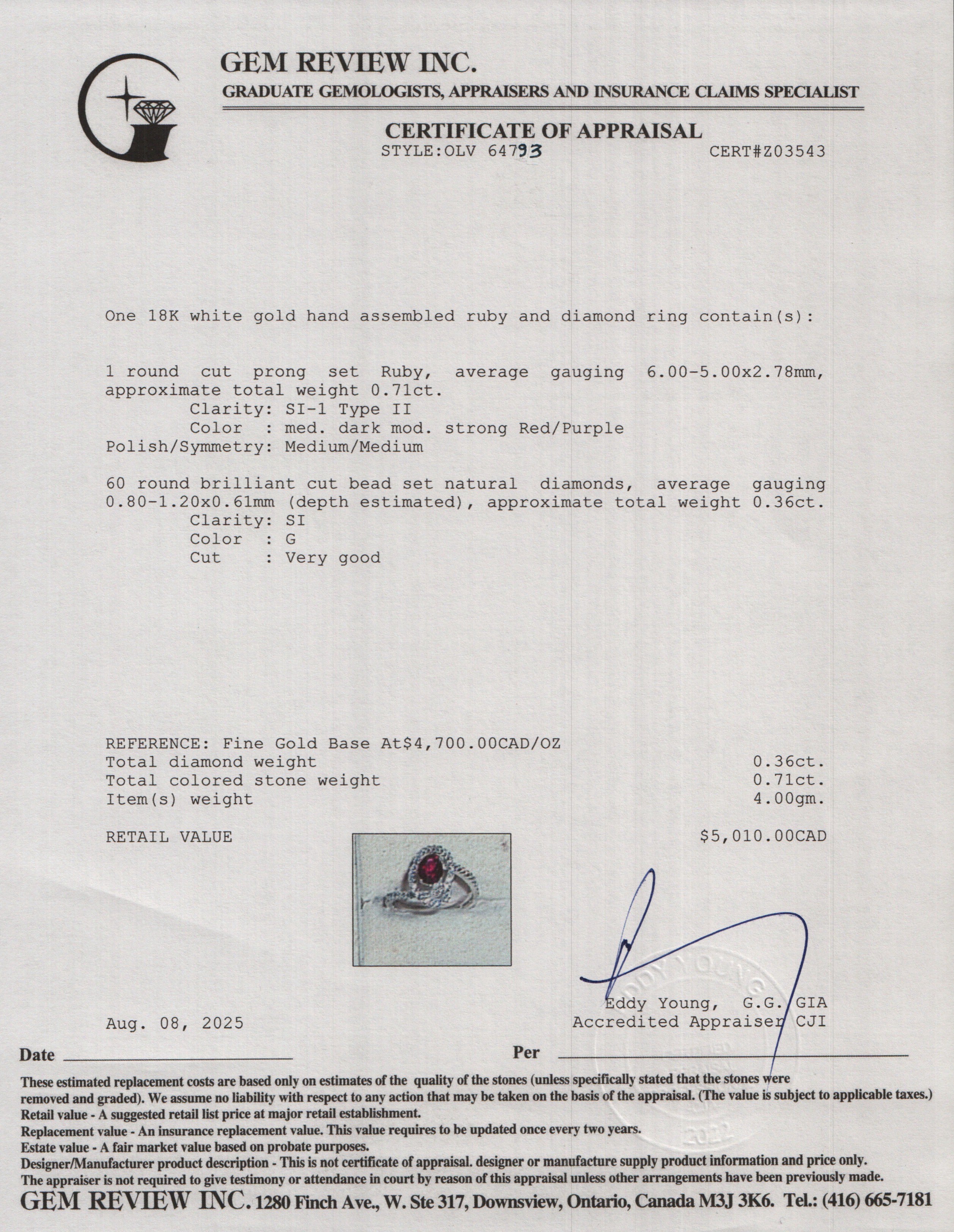 18k White Gold Ruby and Diamond Ring, Size 5.5