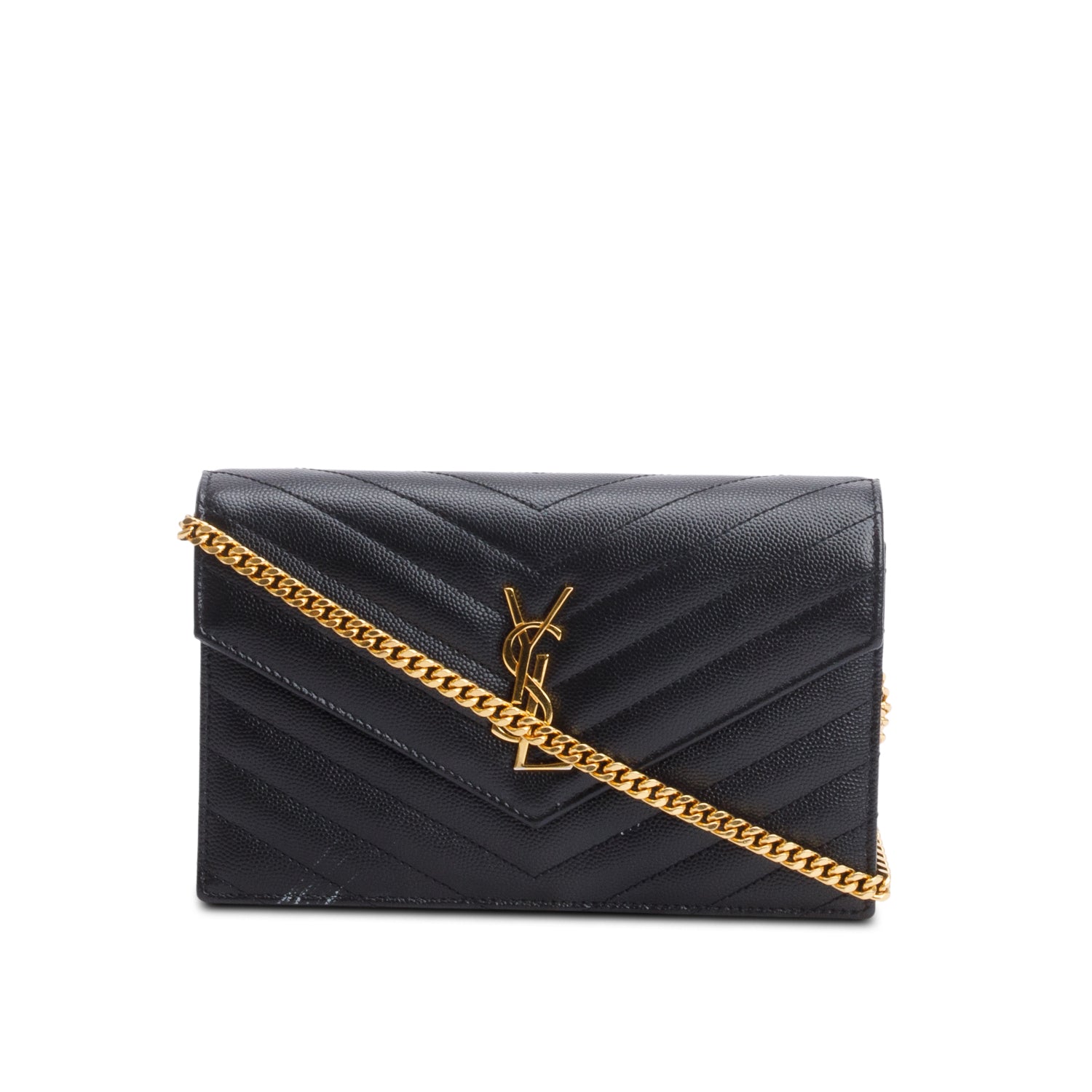 Saint Laurent 2021 Black Grain De Poudre Cassandre Envelope Chain Wallet w/ Box