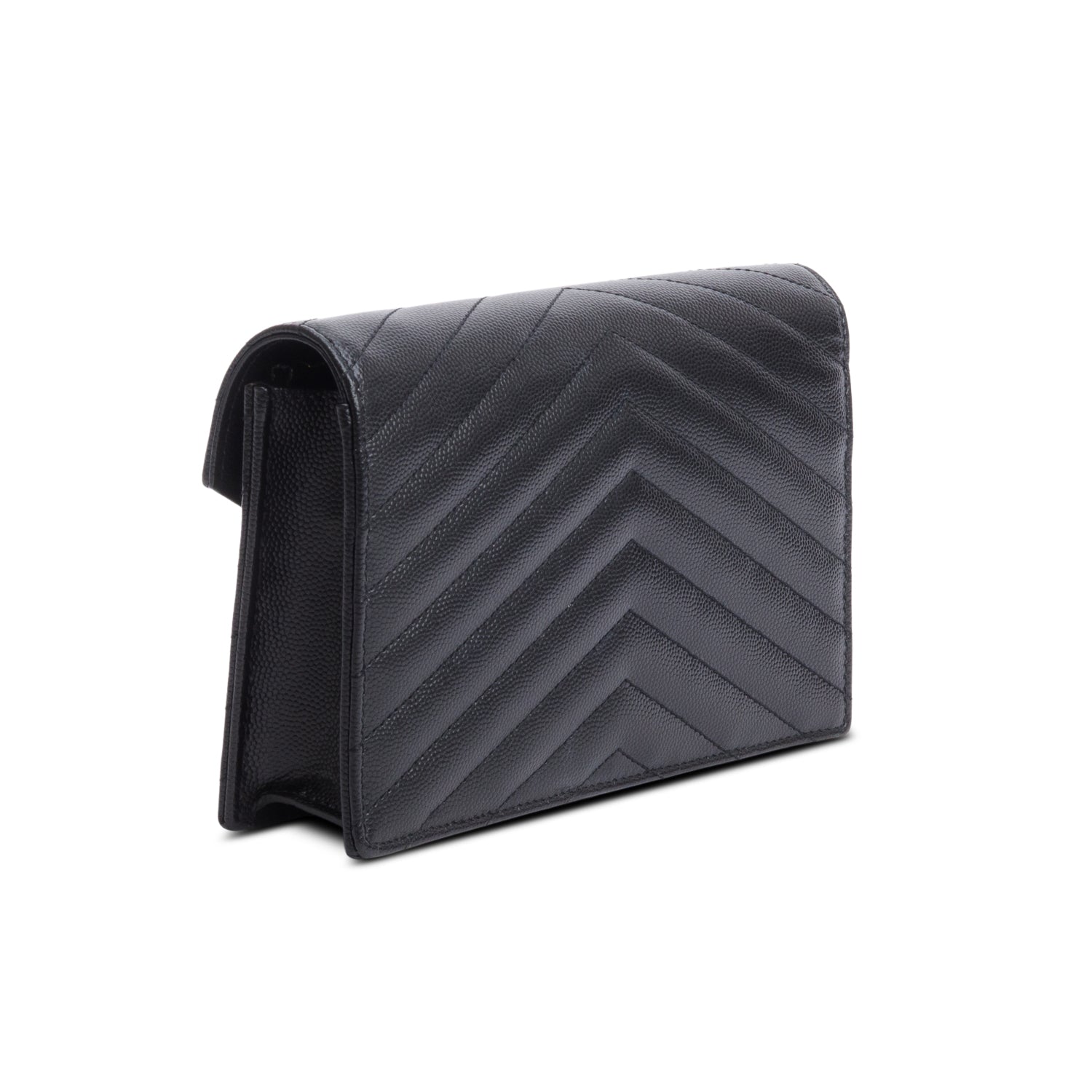 Saint Laurent 2021 Black Grain De Poudre Cassandre Envelope Chain Wallet w/ Box