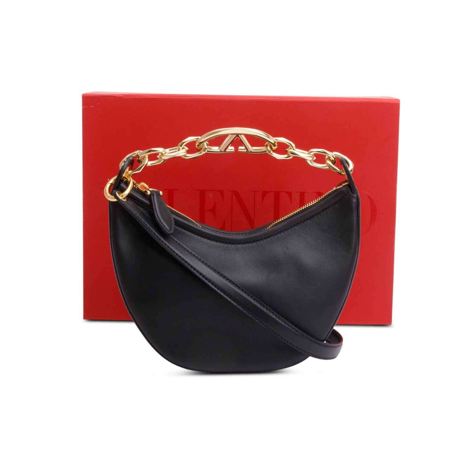 Valentino Black Leather Mini Vlogo Moon Hobo Shoulder Bag w/ Box & Strap