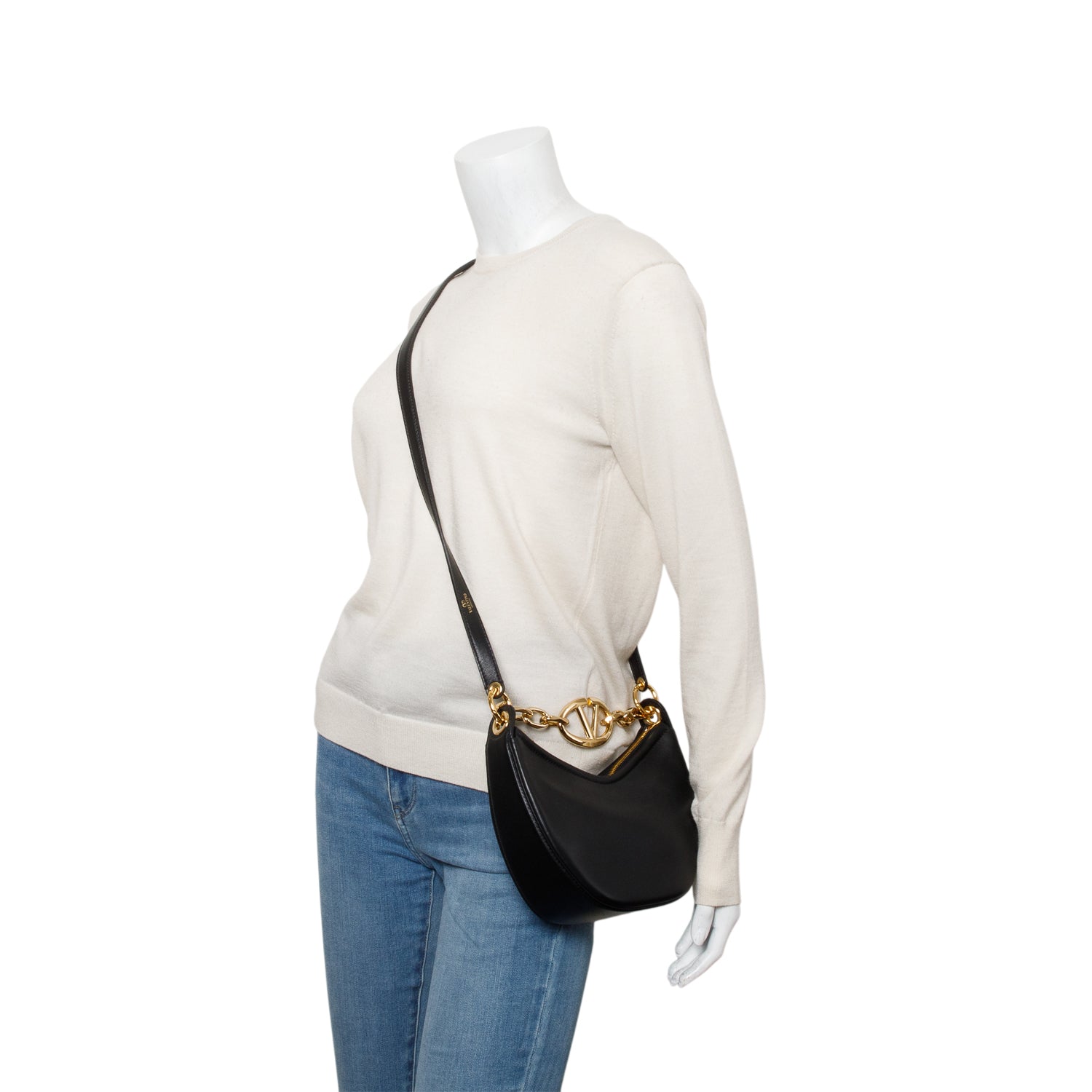 Valentino Black Leather Mini Vlogo Moon Hobo Shoulder Bag w/ Box & Strap