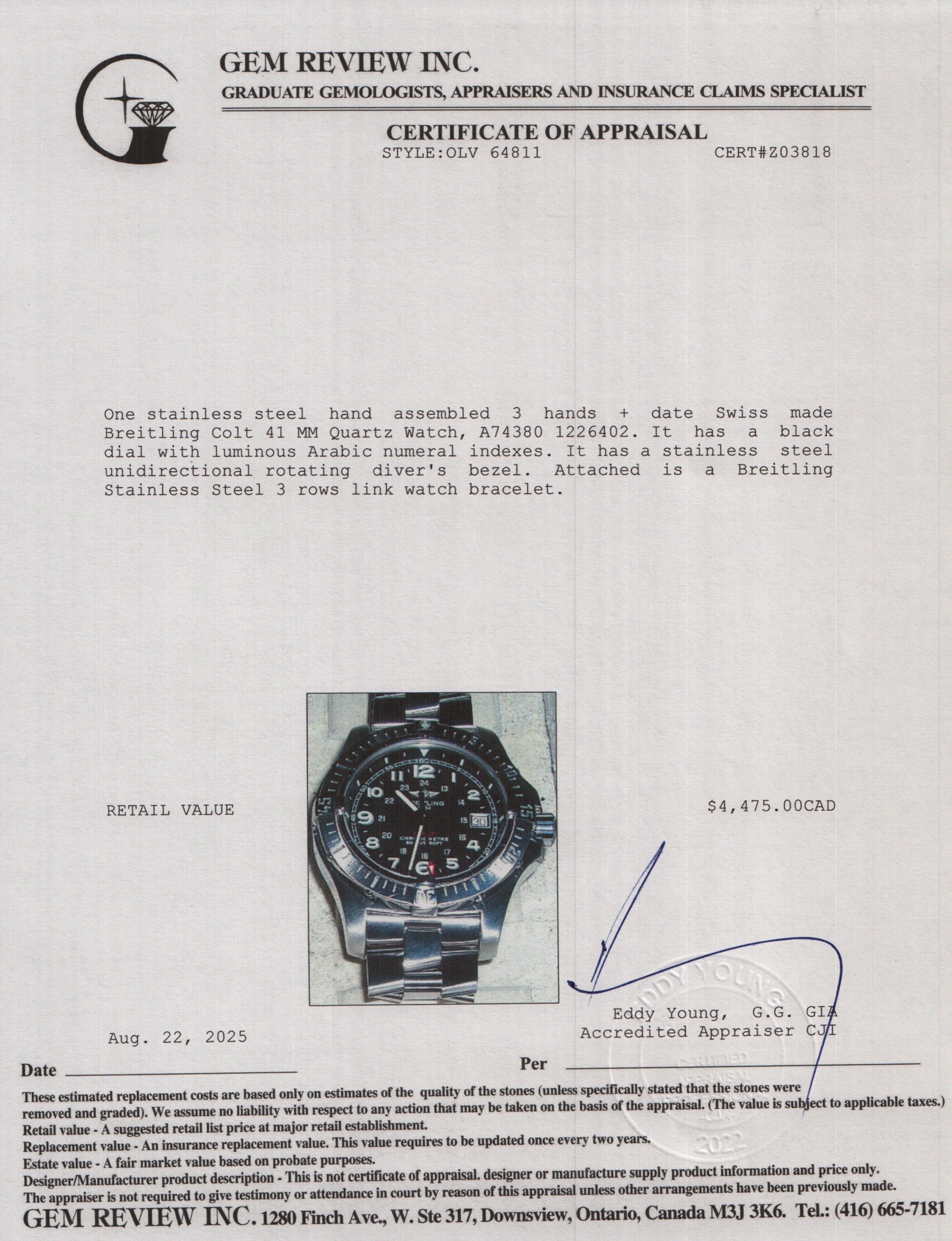 Breitling Stainless Steel Colt 41 MM Quartz Watch Black Dial A74380 w/ Box & Papers