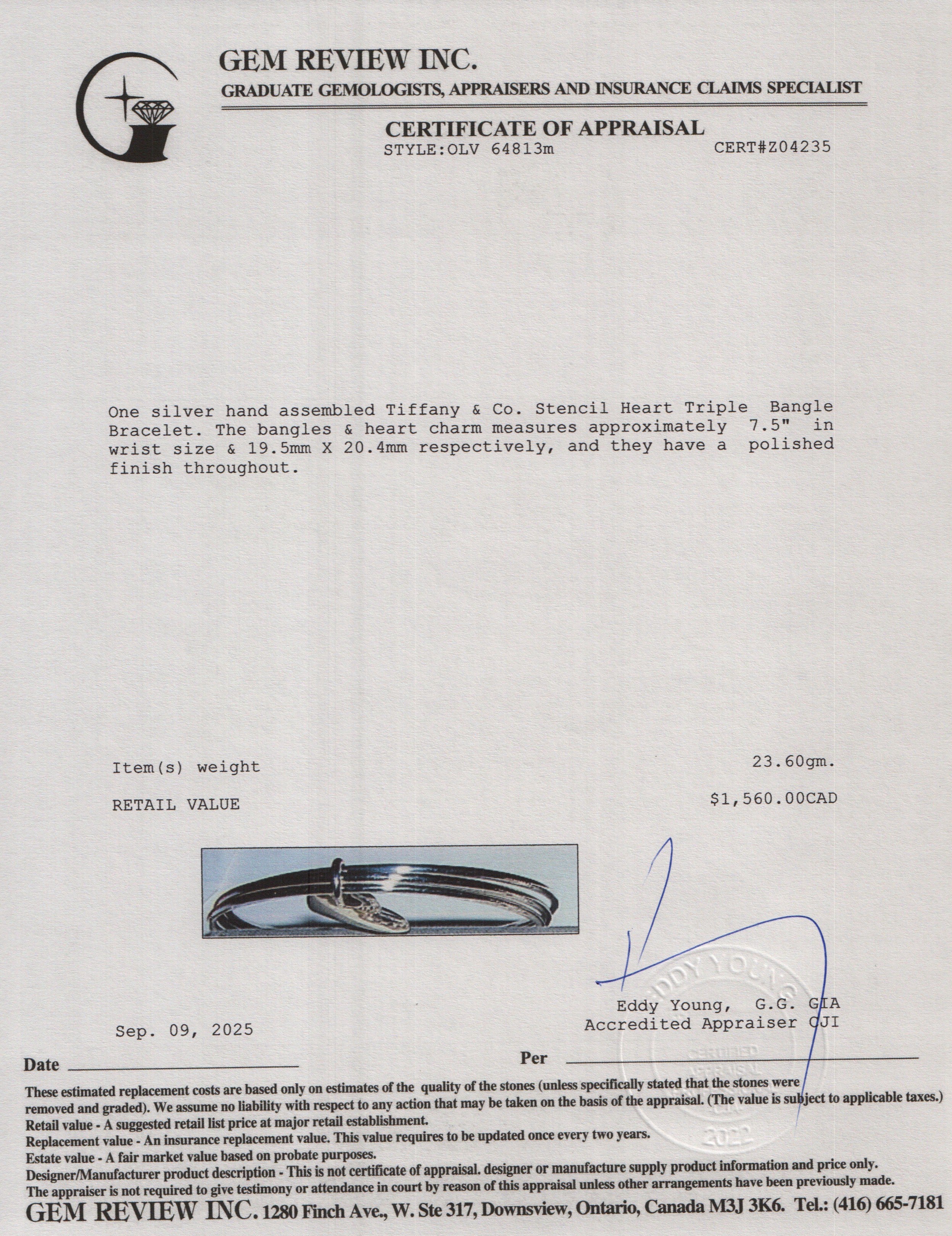 Tiffany & Co. Sterling Silver Stencil Heart Triple Bangle Bracelet