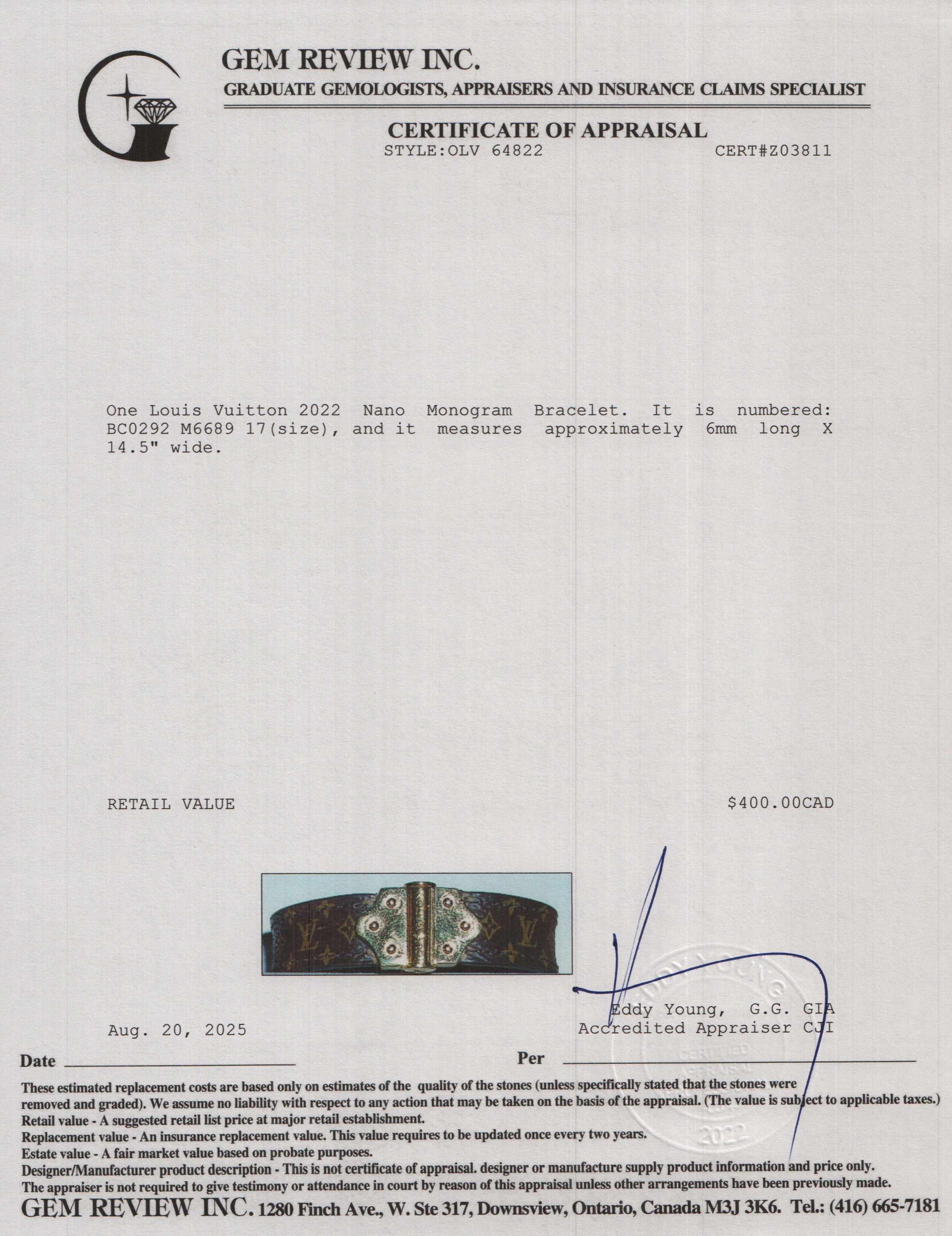 Louis Vuitton 2022 Nano Monogram Bracelet w/ Box & Receipt