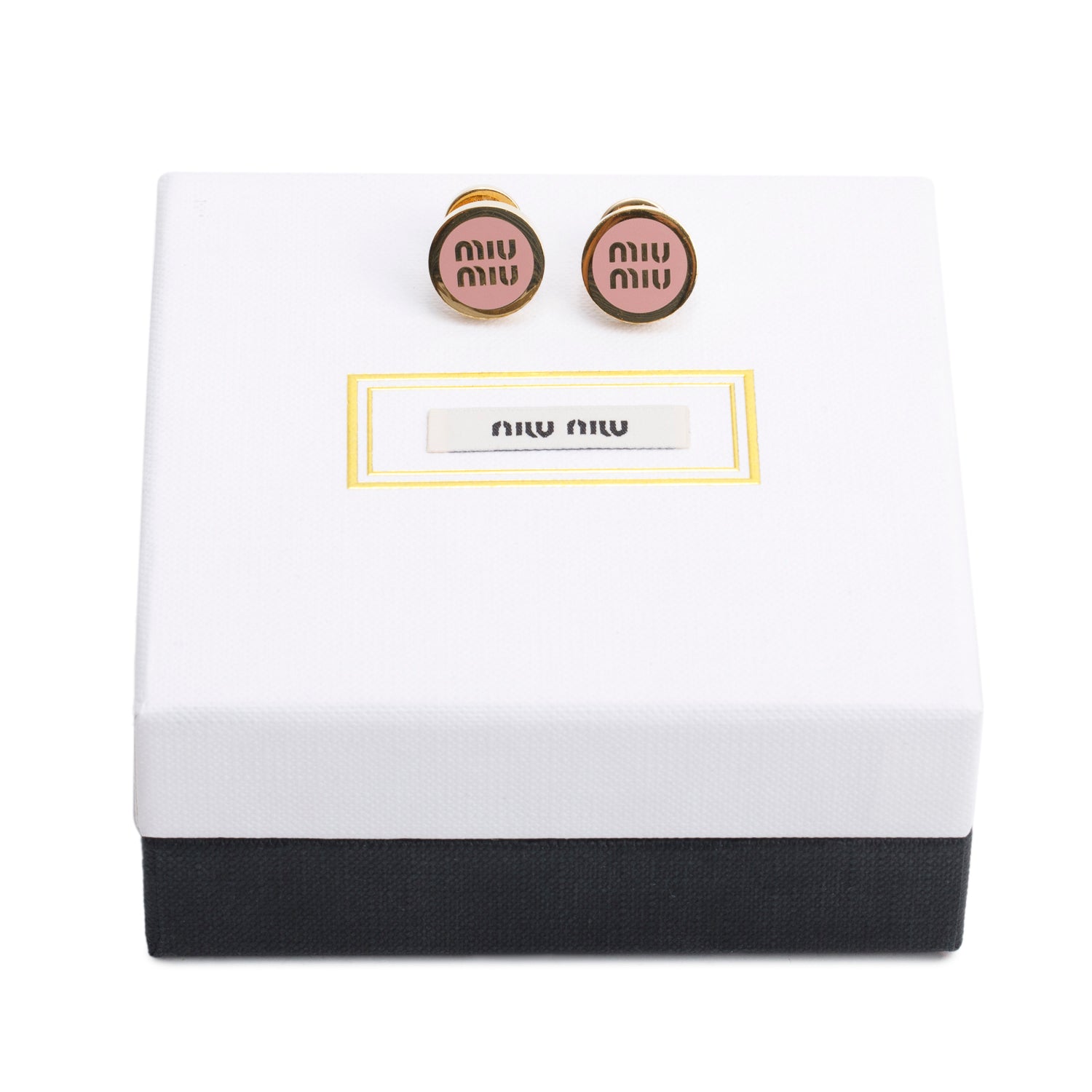 Miu Miu Gold-Plated Pink Enamel Logo Stud Earrings w/ Box