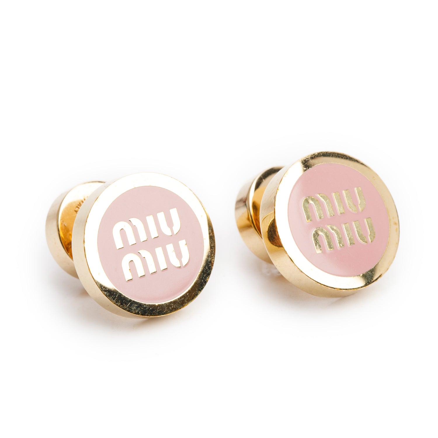 Miu Miu Gold-Plated Pink Enamel Logo Stud Earrings w/ Box